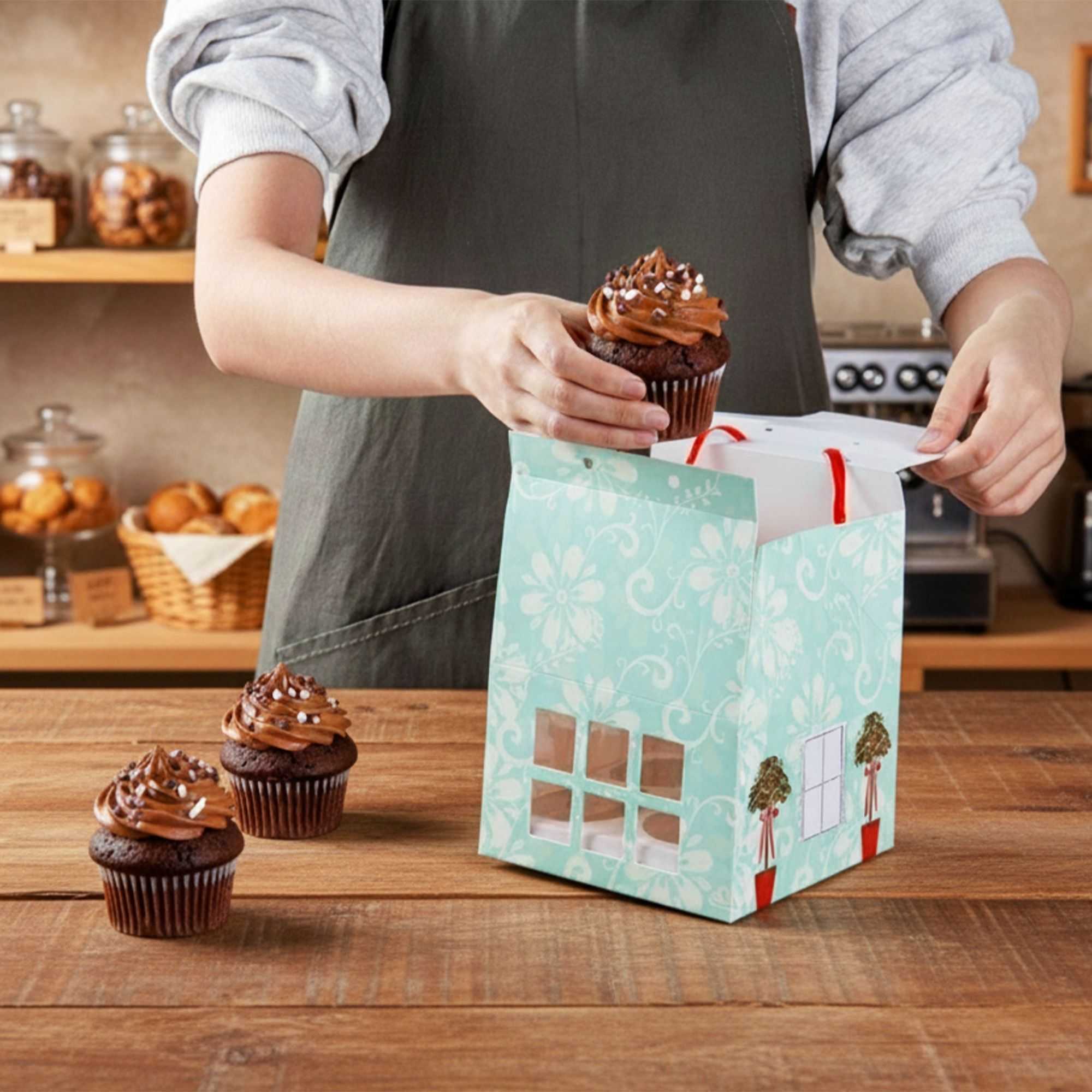 Pastry Tek Pink and Blue Paper Petite House Cupcake Window Gift Box - Fits 4 - 6" x 6" x 7 3/4" - 100 count box
