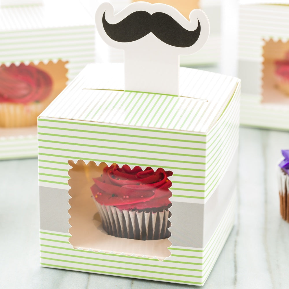 Pastry Tek Square Green Paper Moustache Cupcake Window Box - Gray Stripe, Fits 1 - 4" x 4" x 4" - 100 count box