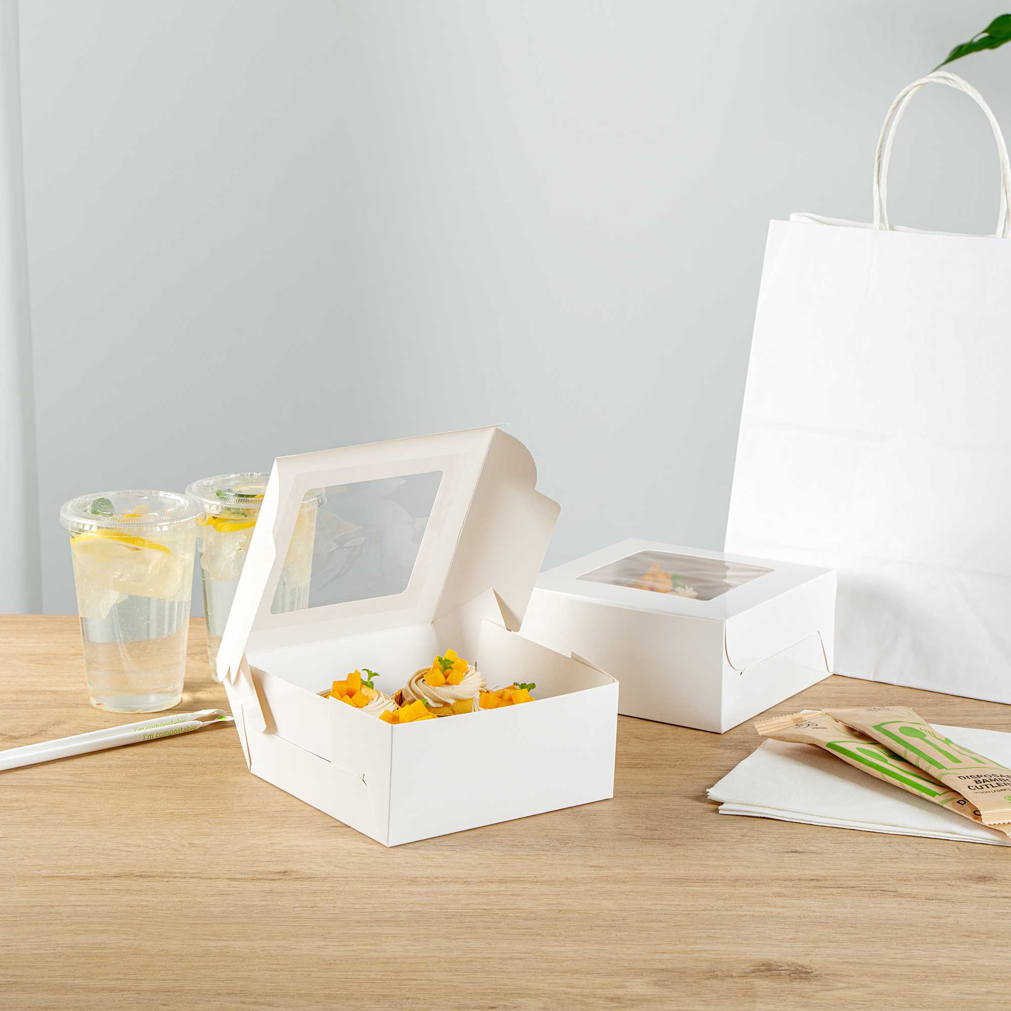 Cafe Vision Square White Cupcake Window Box - Fits 4 - 6 1/4" x 6 1/4" x 3" - 100 count box