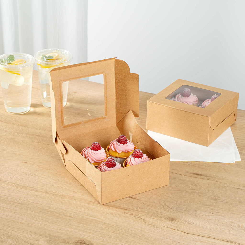 Cafe Vision Square Kraft Cupcake Window Box - Fits 4 - 6 1/4" x 6 1/4" x 3" - 100 count box