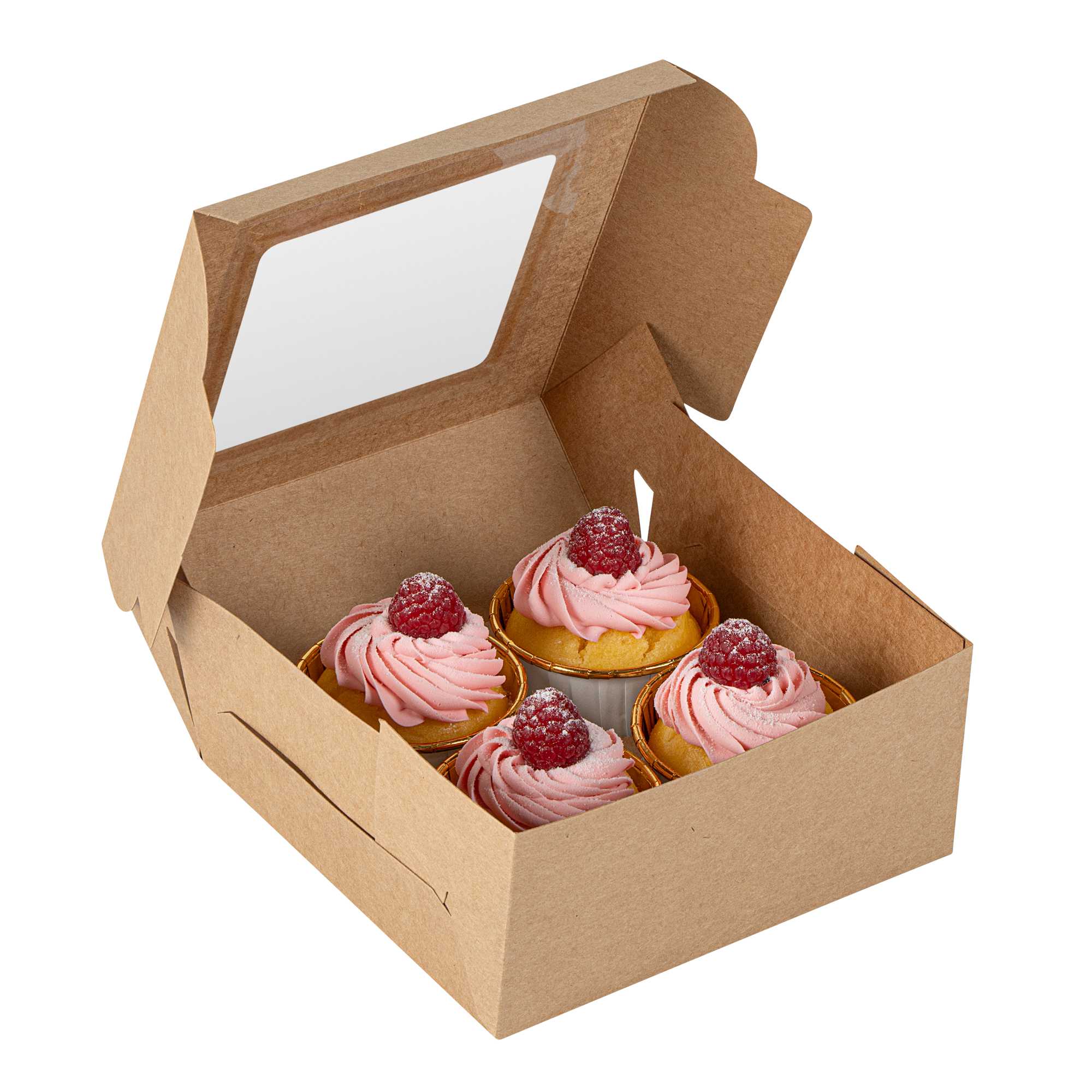 Cafe Vision Square Kraft Cupcake Window Box - Fits 4 - 6 1/4" x 6 1/4" x 3" - 100 count box