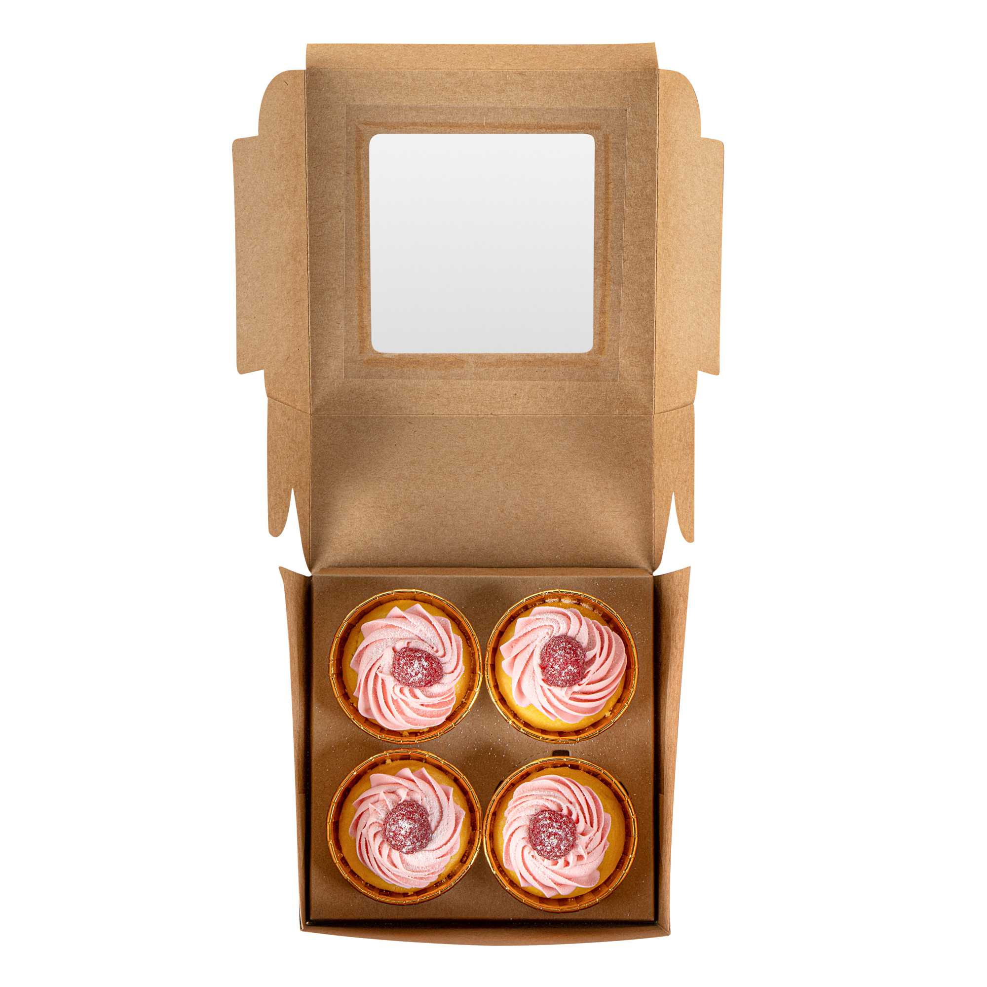 Cafe Vision Square Kraft Cupcake Window Box - Fits 4 - 6 1/4" x 6 1/4" x 3" - 100 count box