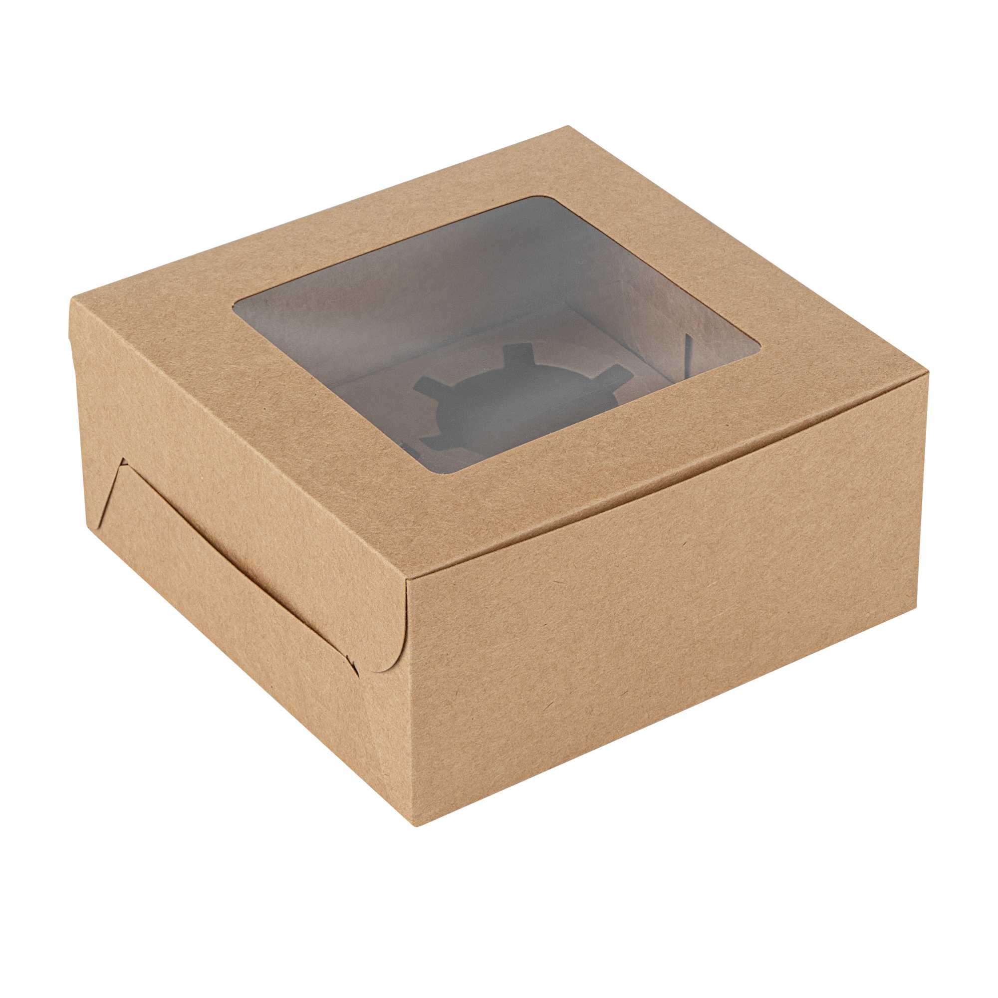 Cafe Vision Square Kraft Cupcake Window Box - Fits 4 - 6 1/4" x 6 1/4" x 3" - 100 count box