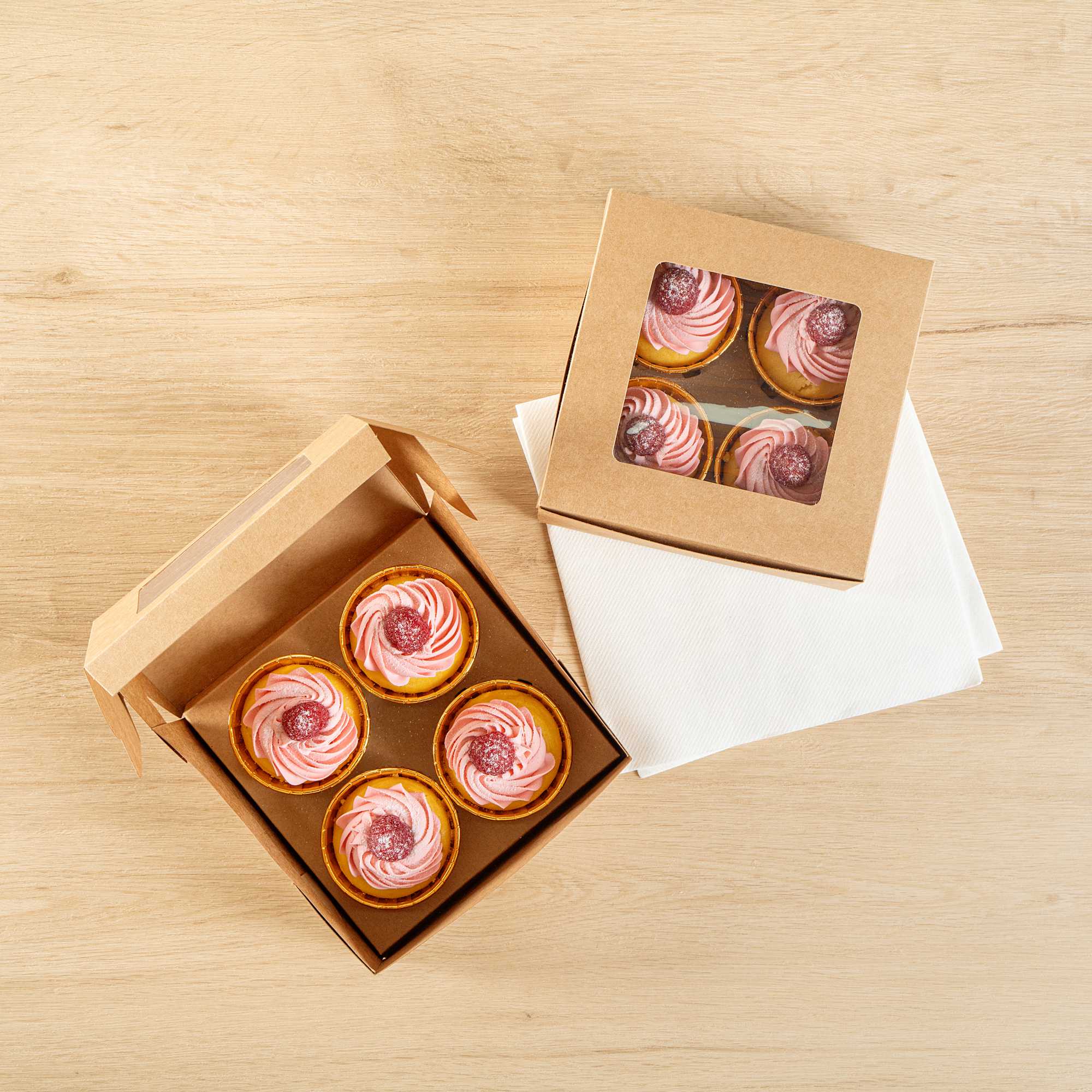 Cafe Vision Square Kraft Cupcake Window Box - Fits 4 - 6 1/4" x 6 1/4" x 3" - 100 count box