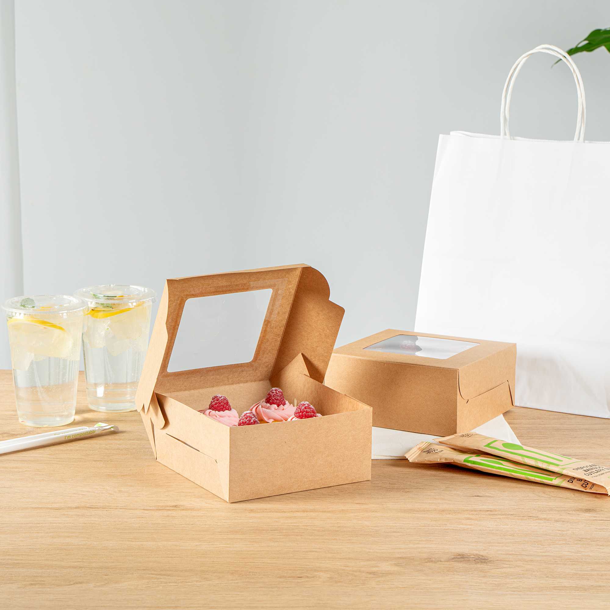Cafe Vision Square Kraft Cupcake Window Box - Fits 4 - 6 1/4" x 6 1/4" x 3" - 100 count box