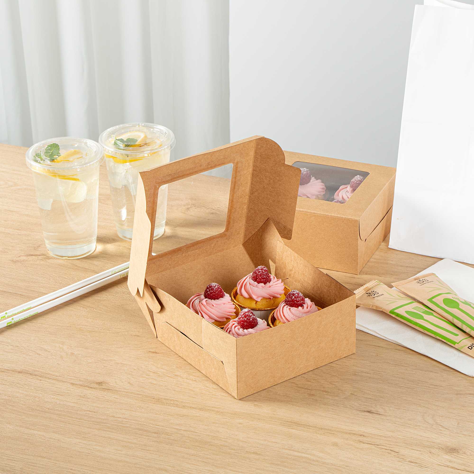 Cafe Vision Square Kraft Cupcake Window Box - Fits 4 - 6 1/4" x 6 1/4" x 3" - 100 count box