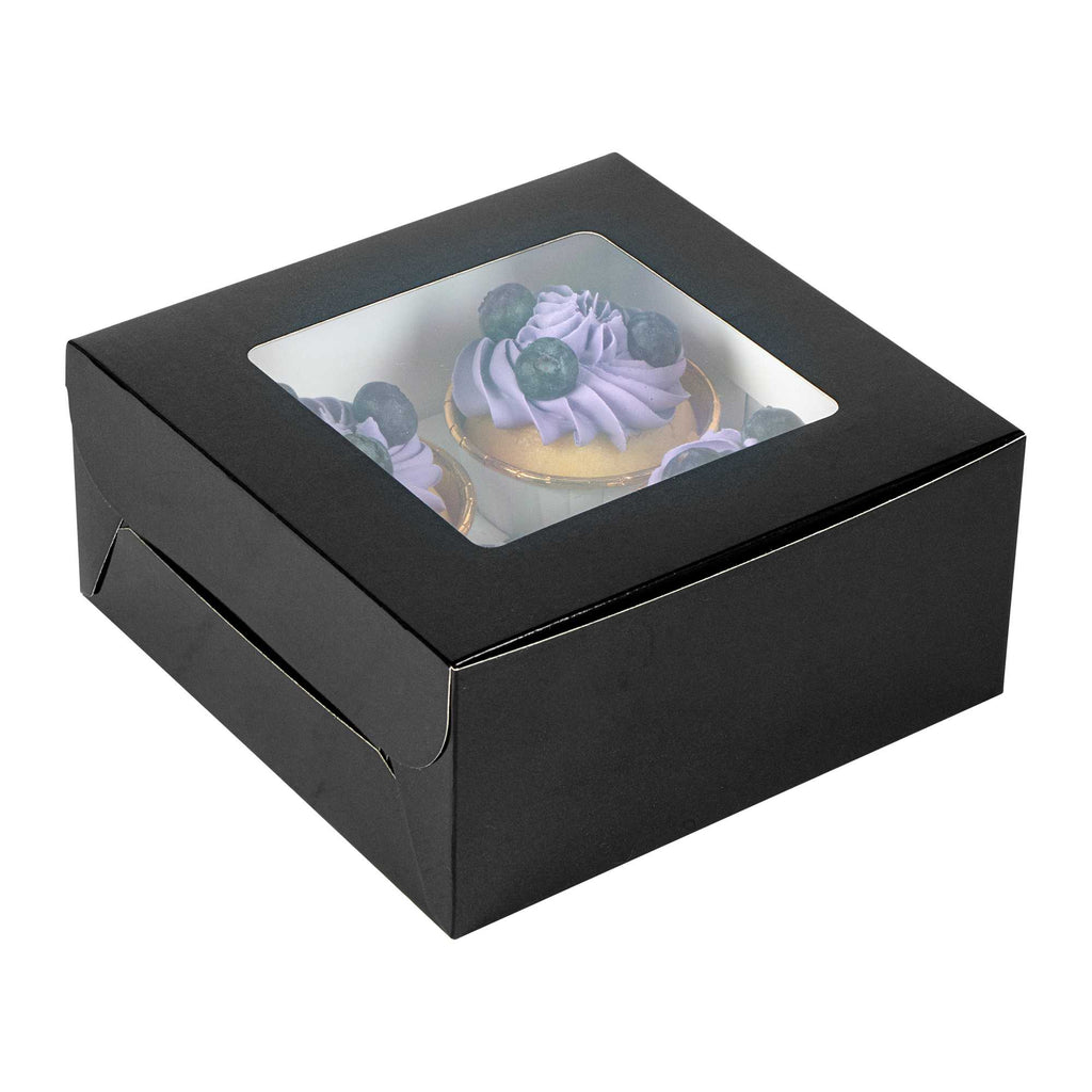 Cafe Vision Square Black Cupcake Window Box - Fits 4 - 6 1/4" x 6 1/4" x 3" - 100 count box