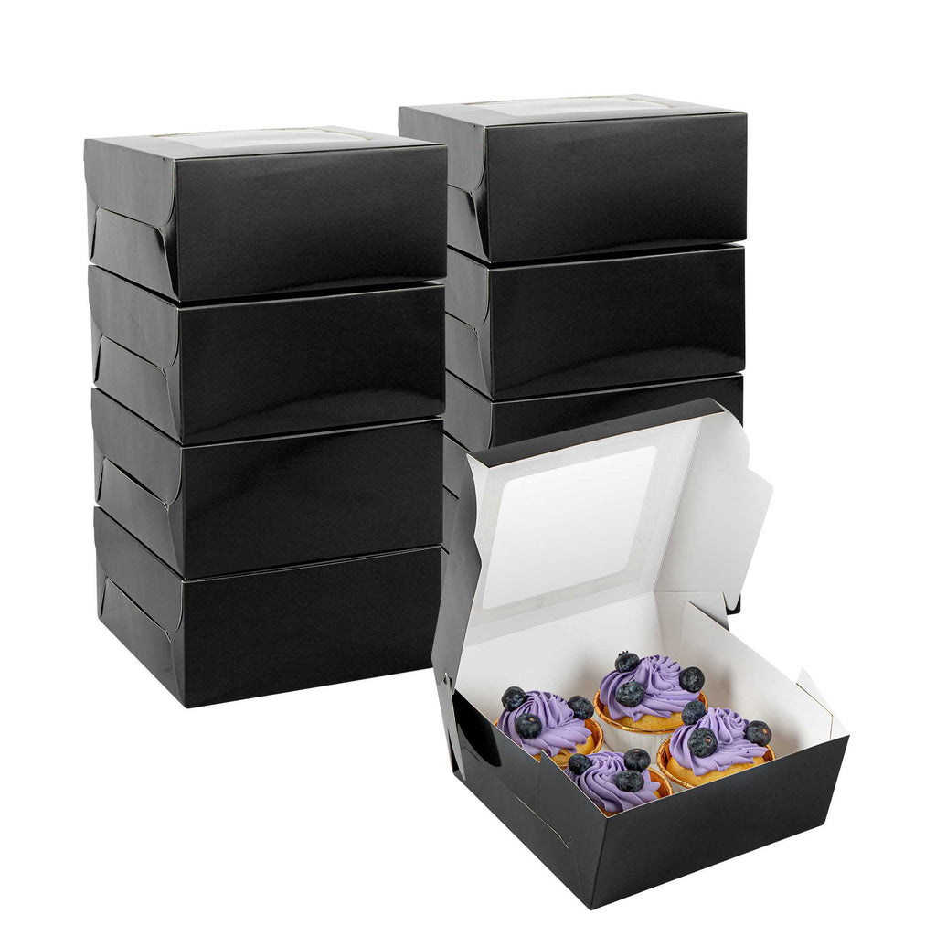 Cafe Vision Square Black Cupcake Window Box - Fits 4 - 6 1/4" x 6 1/4" x 3" - 100 count box