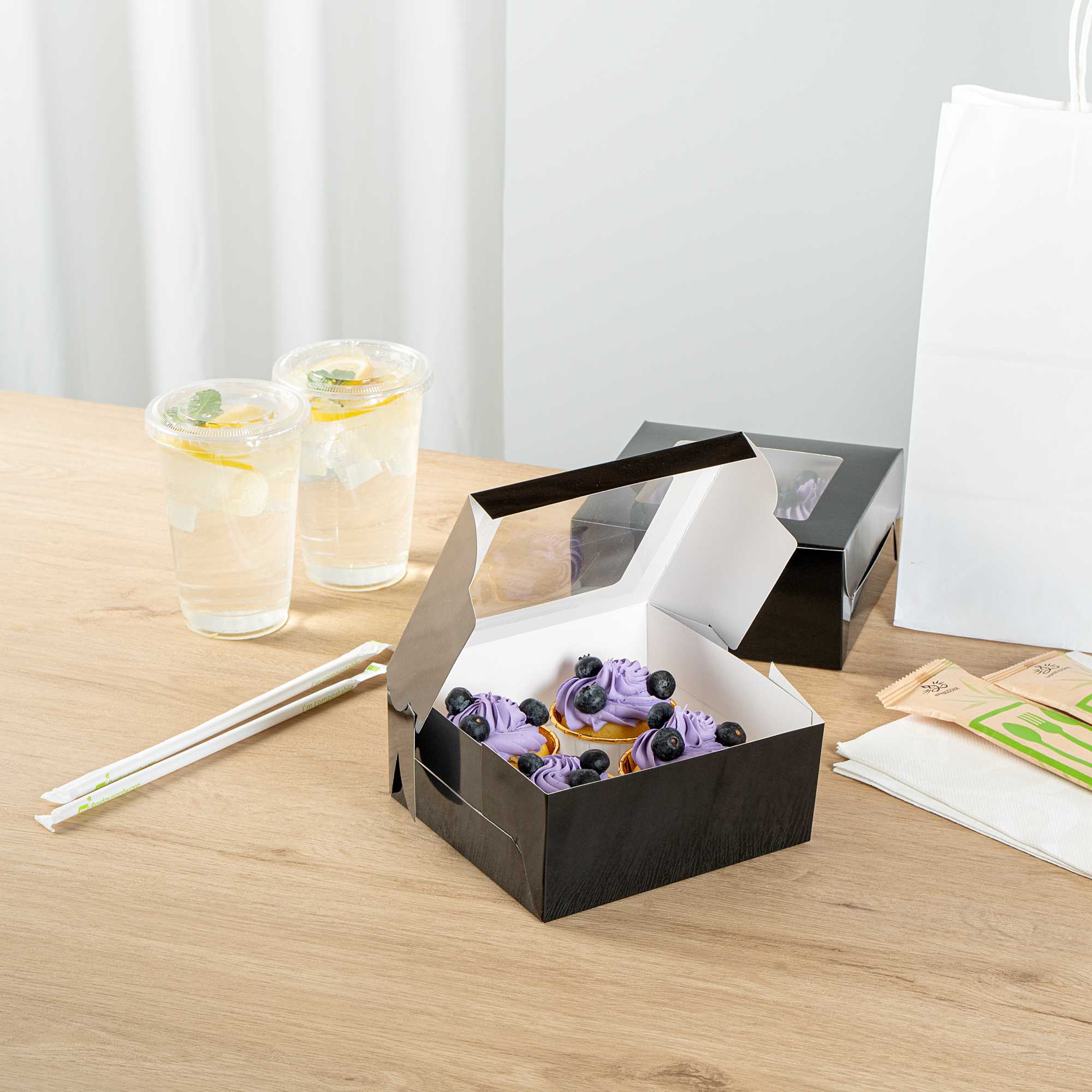 Cafe Vision Square Black Cupcake Window Box - Fits 4 - 6 1/4" x 6 1/4" x 3" - 100 count box