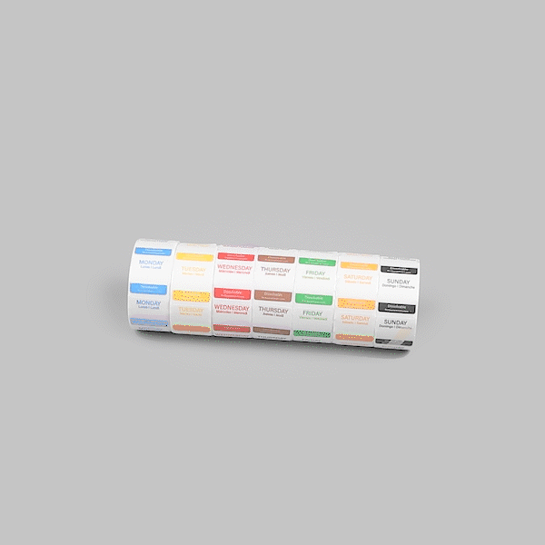 RW Smart 7-Day Weekly Food Rotation Label - Dissolvable, Trilingual - 1" x 1" - 3500 labels