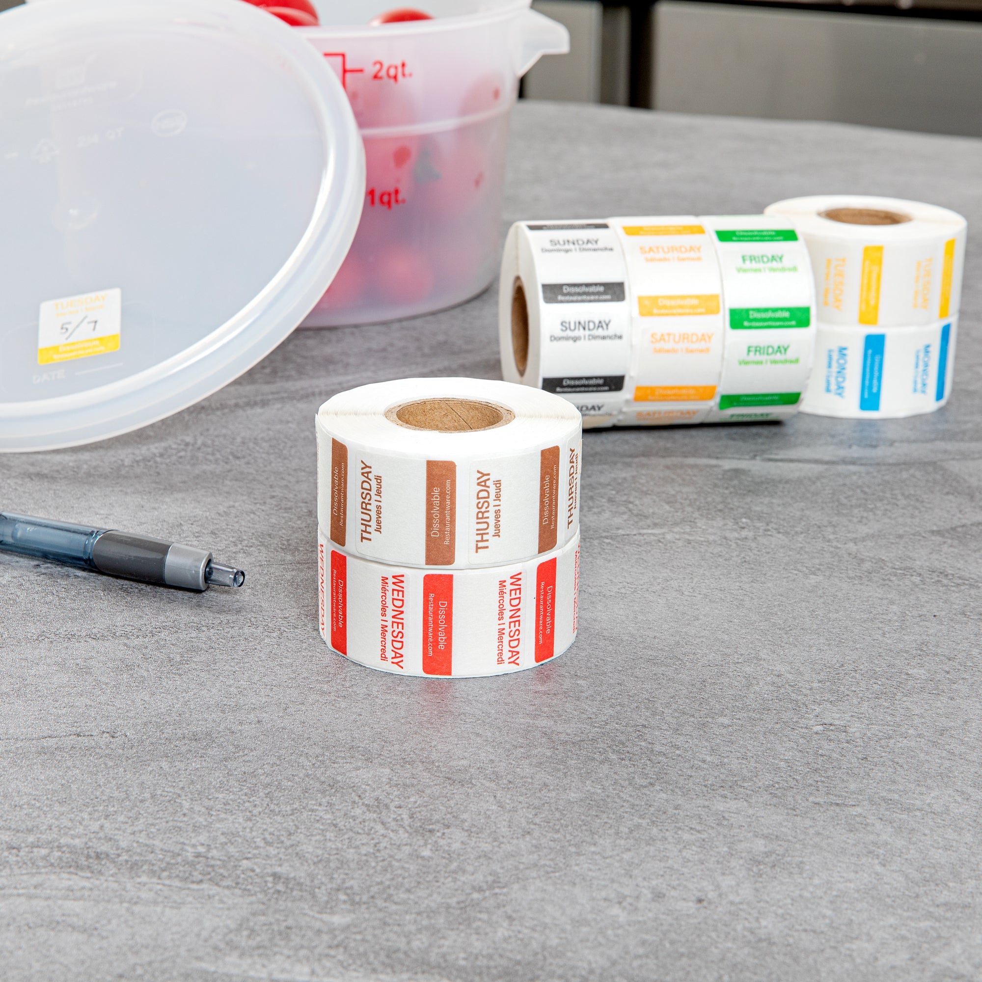 RW Smart 7-Day Weekly Food Rotation Label - Dissolvable, Trilingual - 1" x 1" - 3500 labels