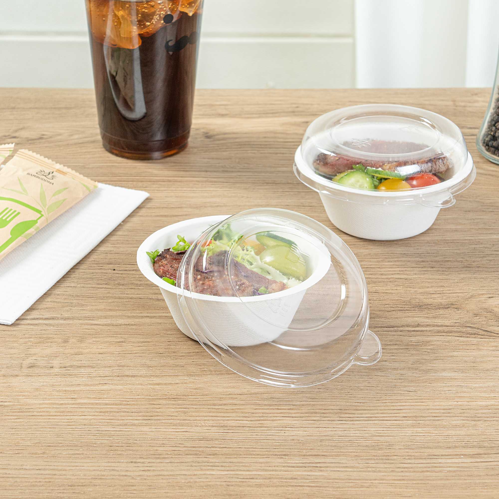 Pulp Tek Round Clear Plastic Dome Lid - Fits 8 oz Bagasse Salad Bowl - 100 count box