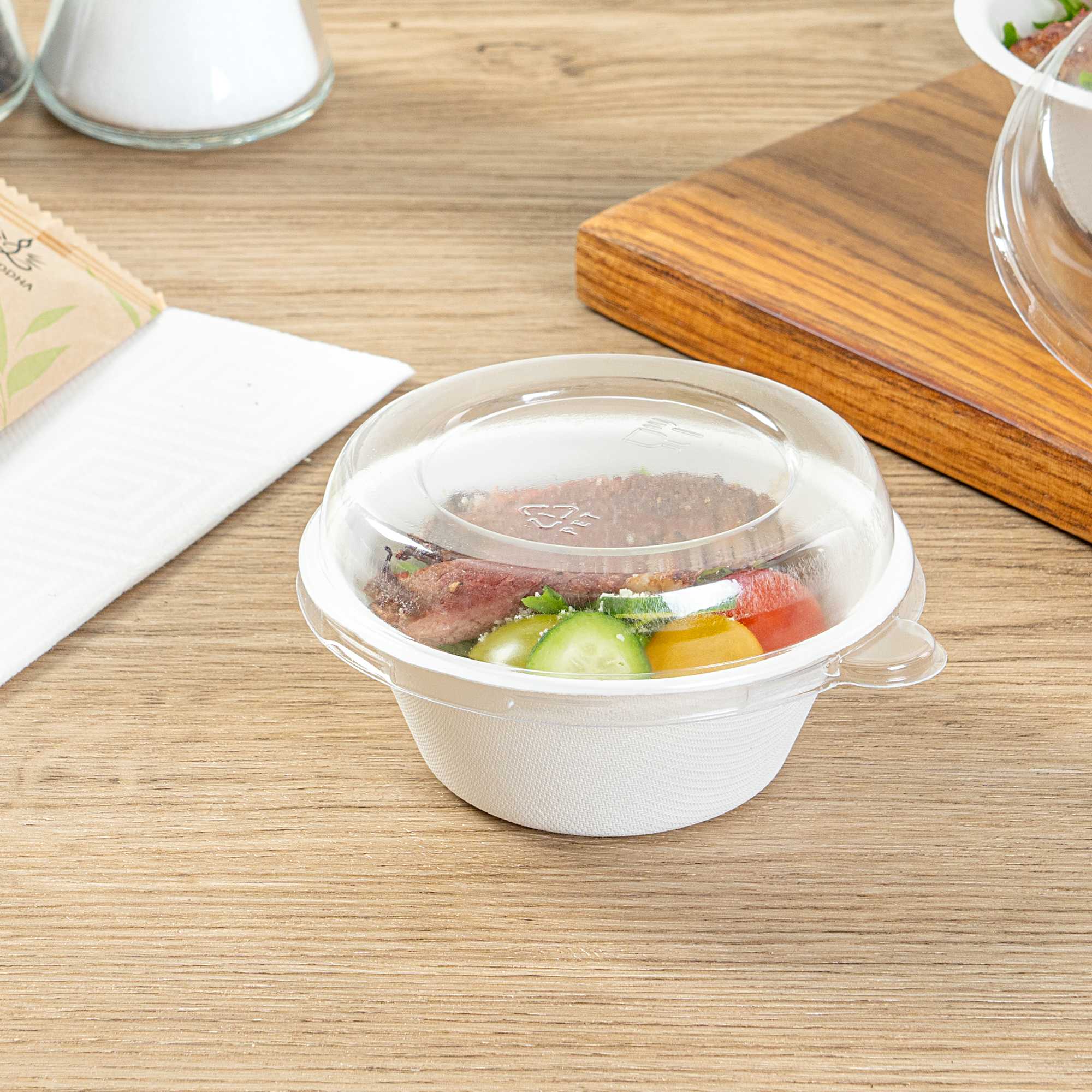 Pulp Tek Round Clear Plastic Dome Lid - Fits 8 oz Bagasse Salad Bowl - 100 count box