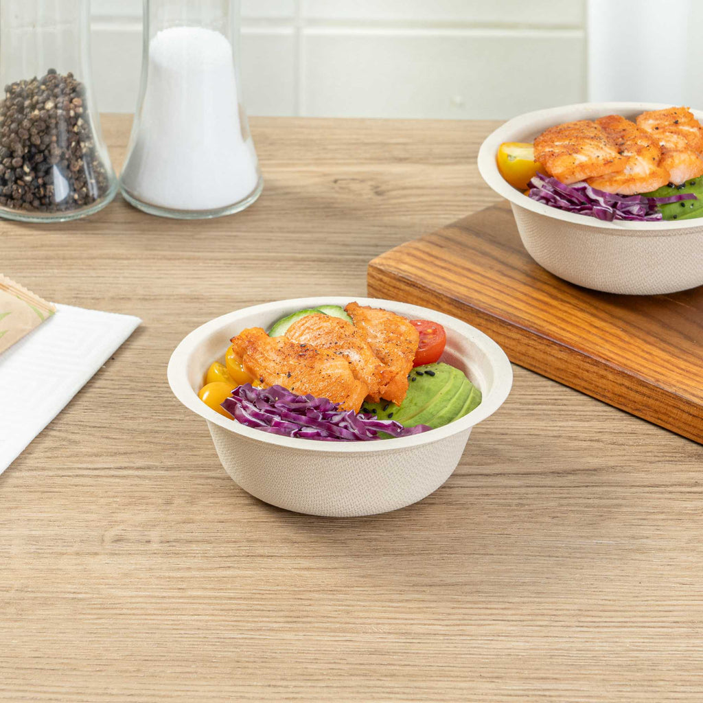 Pulp Tek 12 oz Round Natural Sugarcane / Bagasse Salad Bowl - 5 1/4" x 5 1/4" x 1 3/4" - 100 count box
