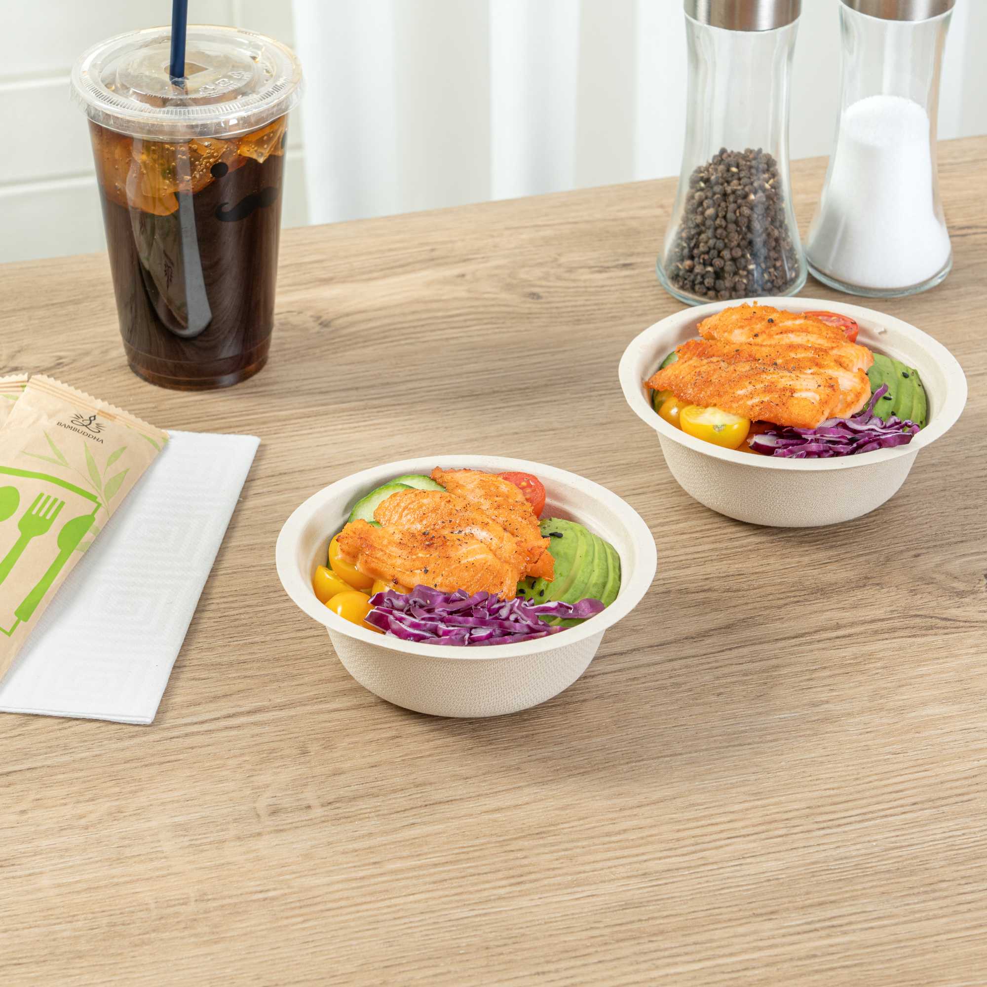 Pulp Tek 12 oz Round Natural Sugarcane / Bagasse Salad Bowl - 5 1/4" x 5 1/4" x 1 3/4" - 100 count box