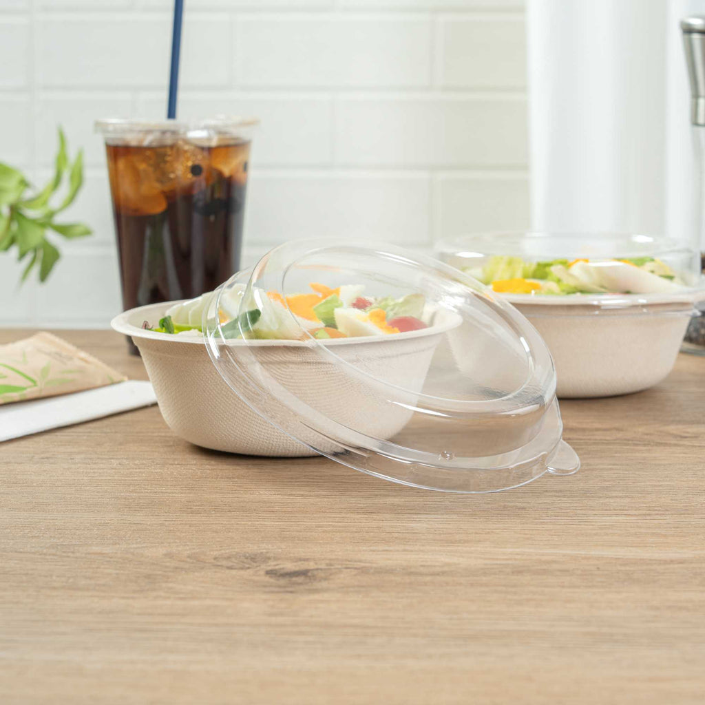 Pulp Safe Round Clear Plastic Dome Lid - Fits 18 oz Bagasse Salad Bowl - 100 count box
