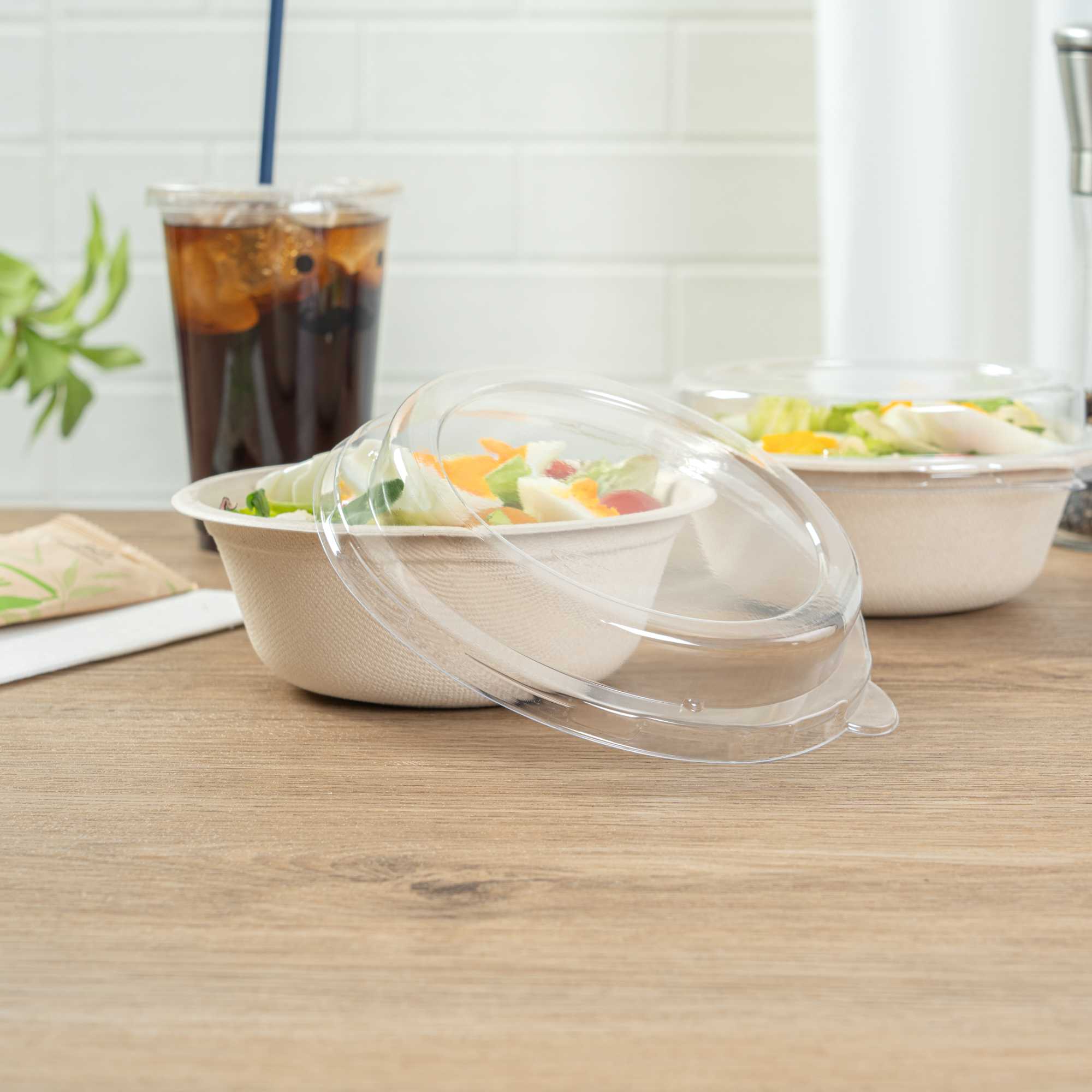 Pulp Safe Round Clear Plastic Dome Lid - Fits 18 oz Bagasse Salad Bowl - 100 count box