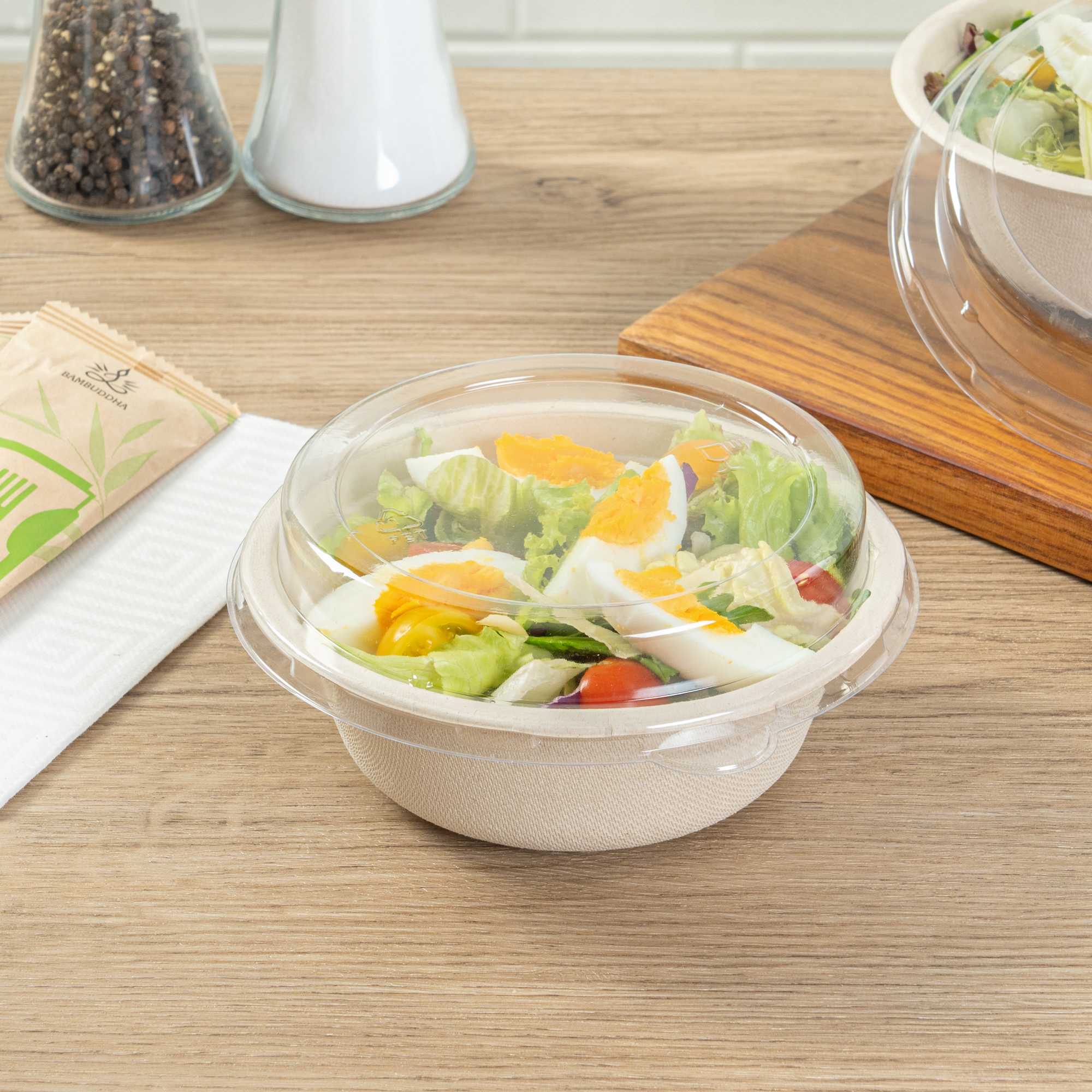 Pulp Safe Round Clear Plastic Dome Lid - Fits 18 oz Bagasse Salad Bowl - 100 count box