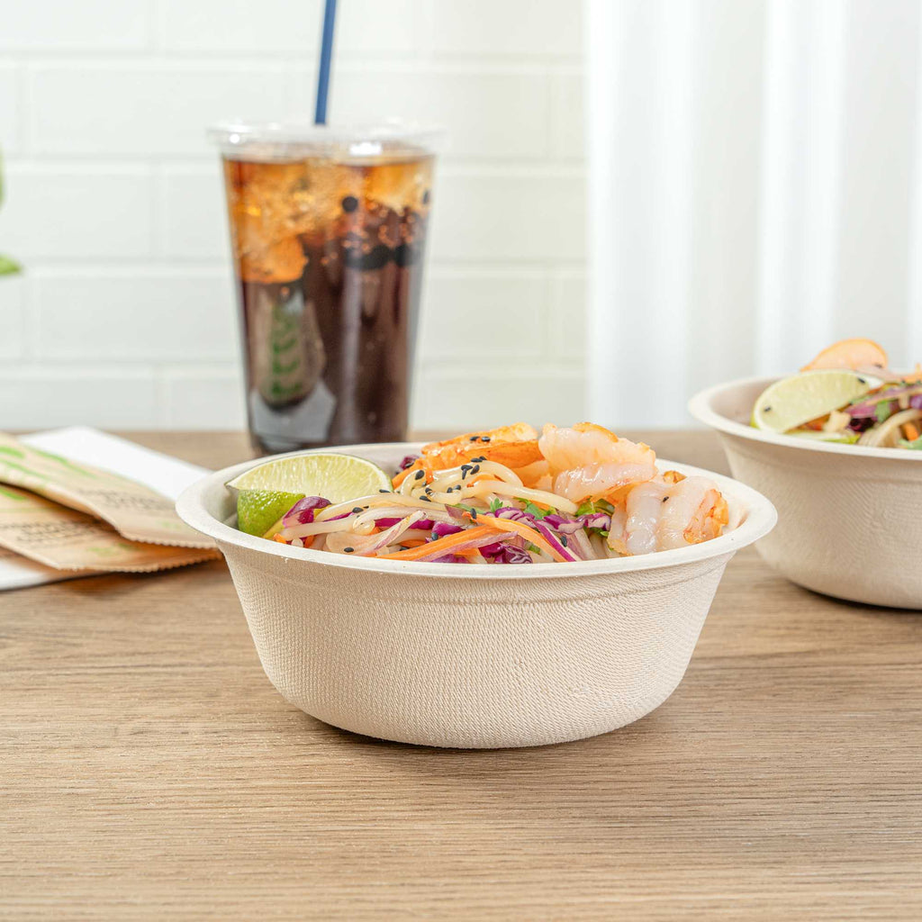 Pulp Tek 18 oz Round Natural Sugarcane / Bagasse Salad Bowl - 6 1/4" x 6 1/4" x 1 3/4" - 100 count box