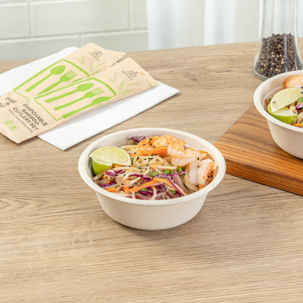 Pulp Tek 18 oz Round Natural Sugarcane / Bagasse Salad Bowl - 6 1/4" x 6 1/4" x 1 3/4" - 100 count box