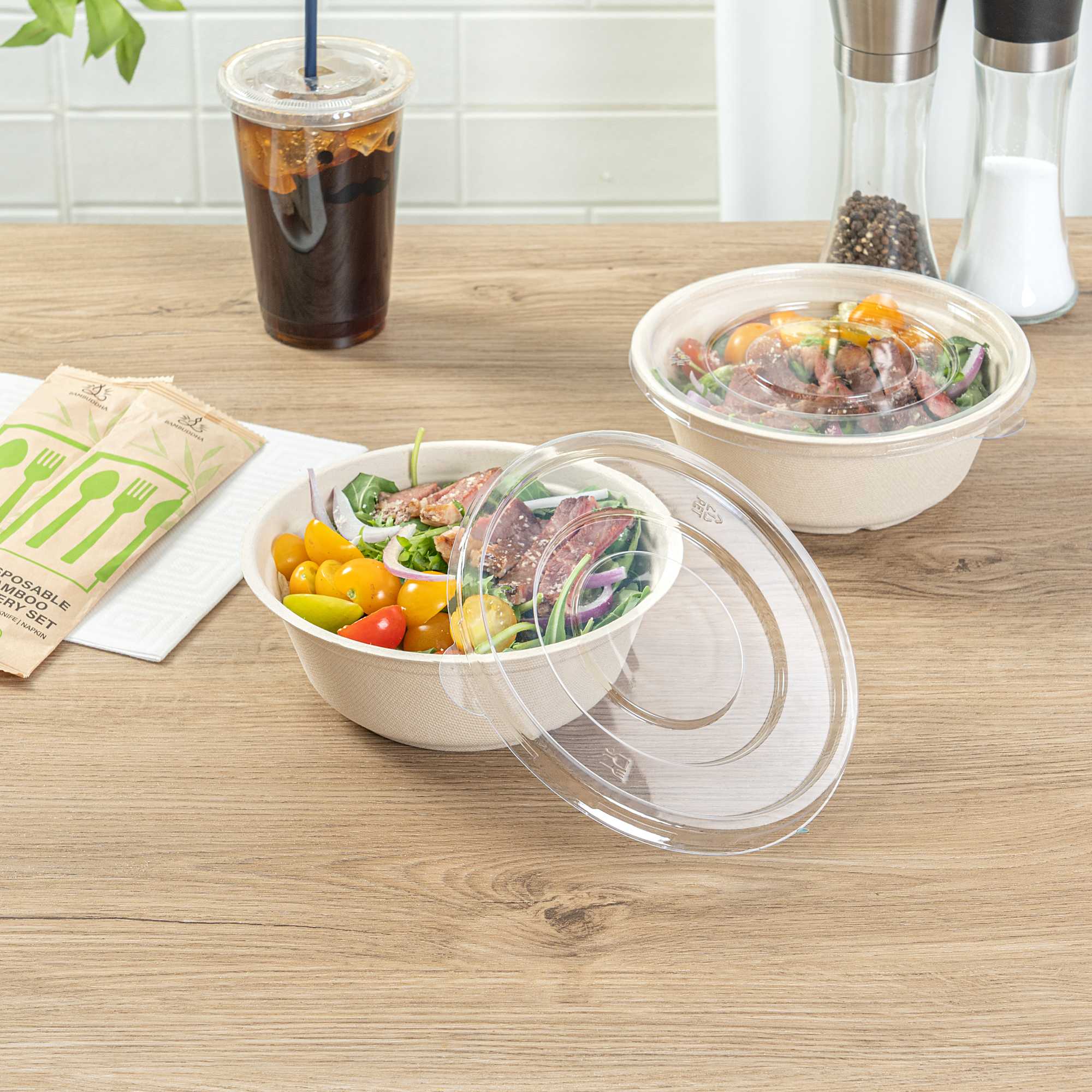 Pulp Safe Round Clear Plastic Flat Lid - Fits 32 oz Bagasse Salad Bowl - 100 count box