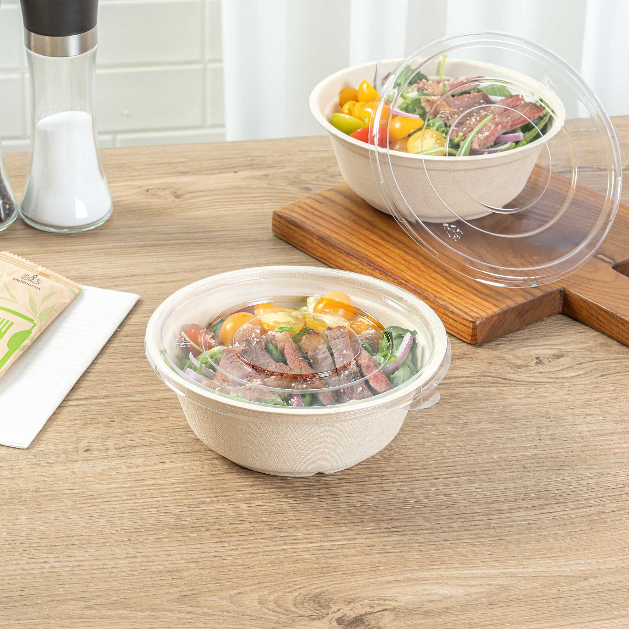 Pulp Safe Round Clear Plastic Flat Lid - Fits 32 oz Bagasse Salad Bowl - 100 count box