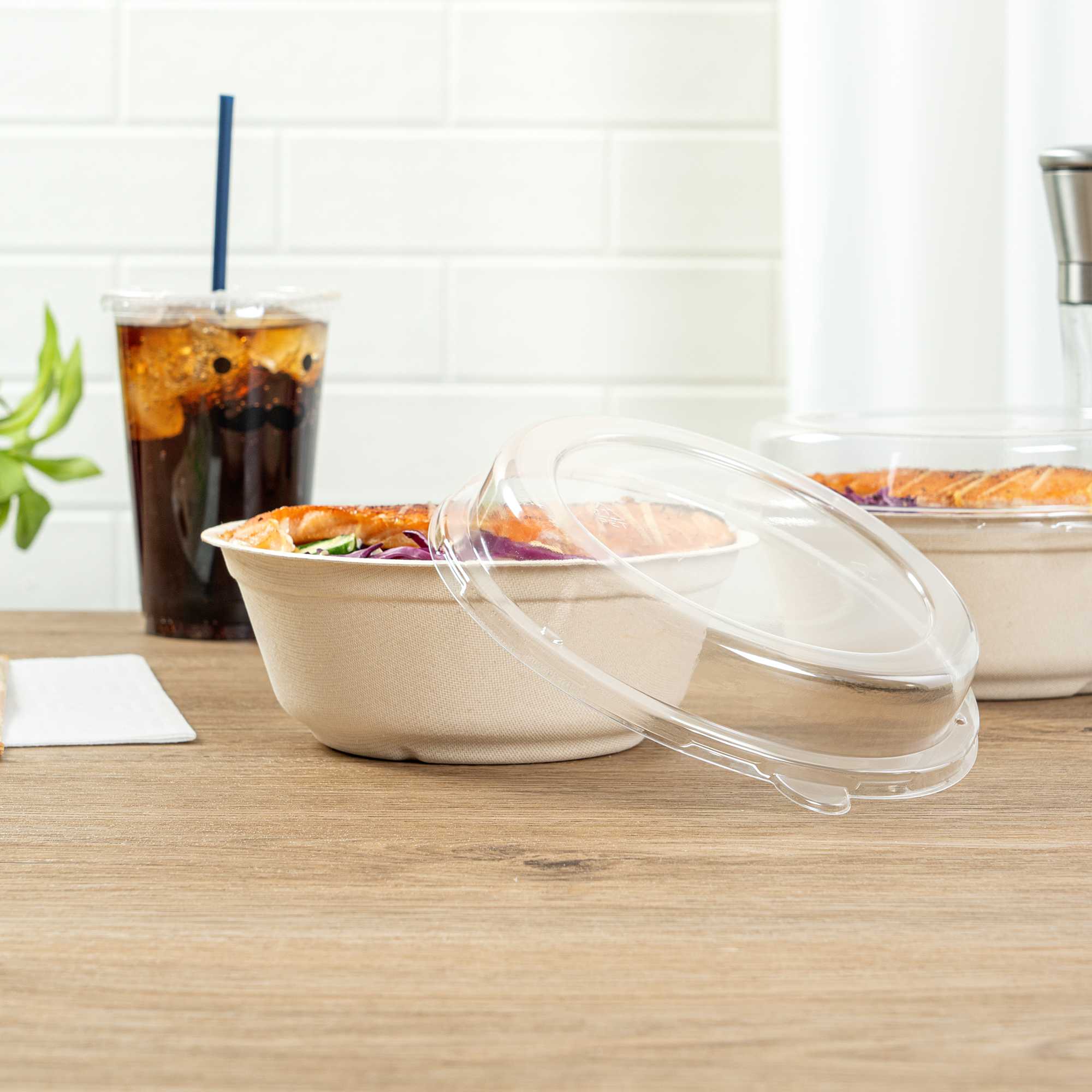 Pulp Safe Round Clear Plastic Dome Lid - Fits 32 oz Bagasse Salad Bowl - 100 count box