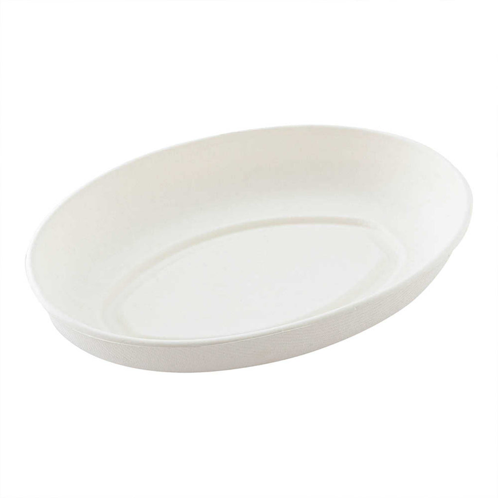 Pulp Tek 26 oz Oval White Sugarcane / Bagasse Salad Plate - 9 1/4" x 6" x 1 1/2" - 100 count box