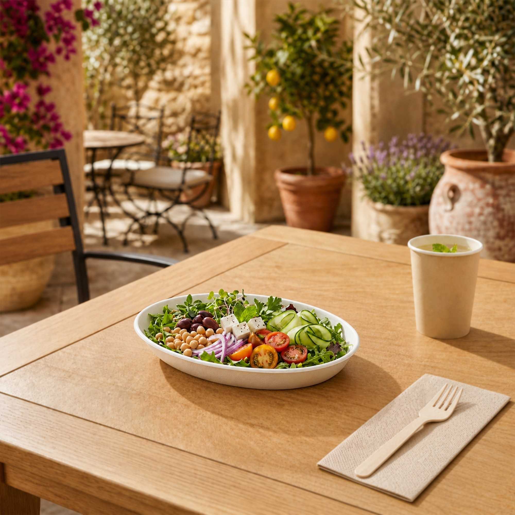 Pulp Tek 26 oz Oval White Sugarcane / Bagasse Salad Plate - 9 1/4" x 6" x 1 1/2" - 100 count box