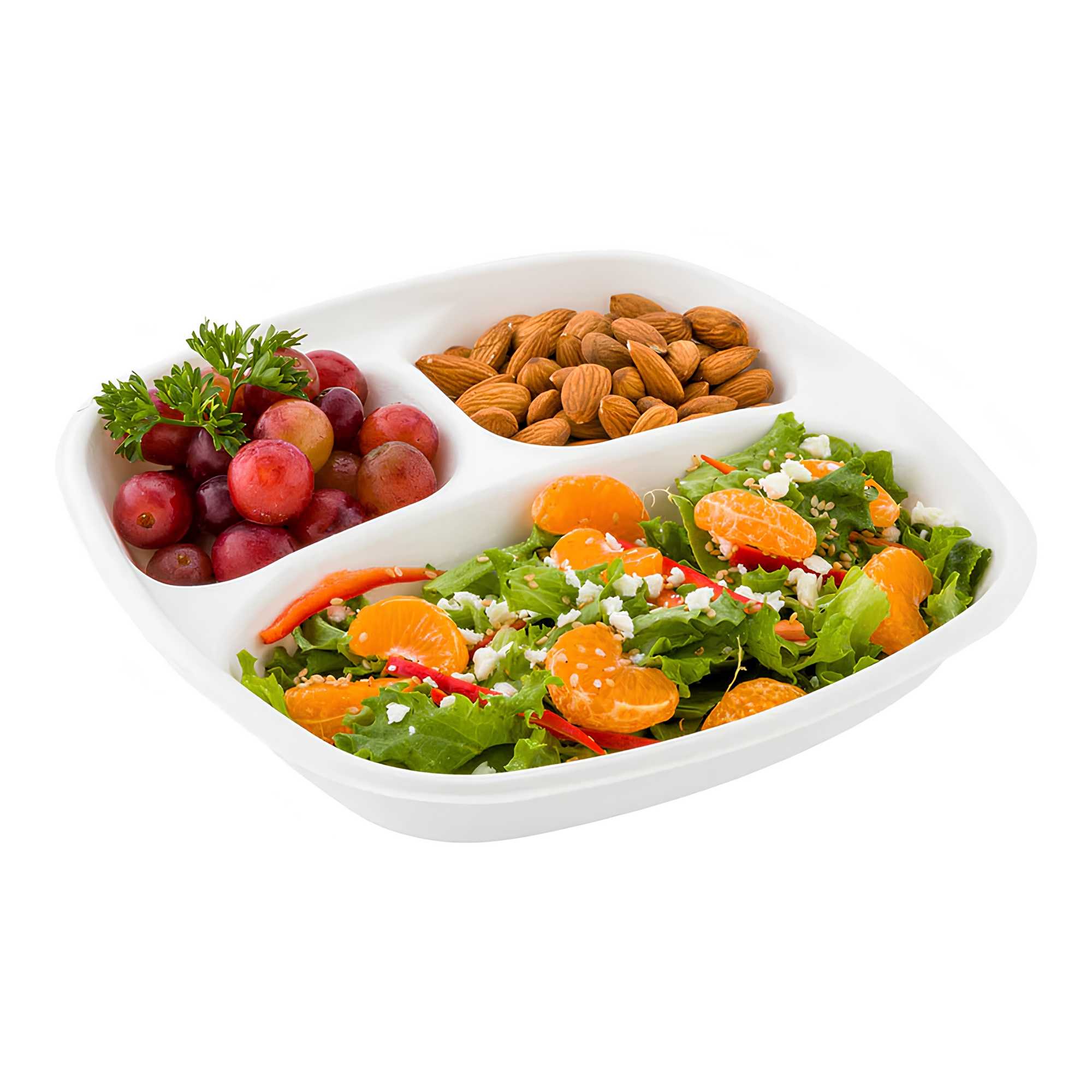 Pulp Tek 15 oz Square White Sugarcane / Bagasse Salad Plate - 3 Compartments - 8 3/4" x 8 3/4" x 1 1/4" - 100 count box