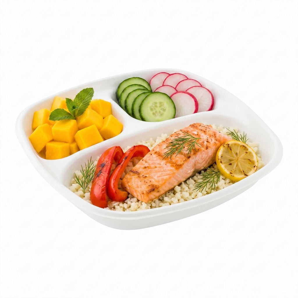 Pulp Tek 15 oz Square White Sugarcane / Bagasse Salad Plate - 3 Compartments - 8 3/4" x 8 3/4" x 1 1/4" - 100 count box