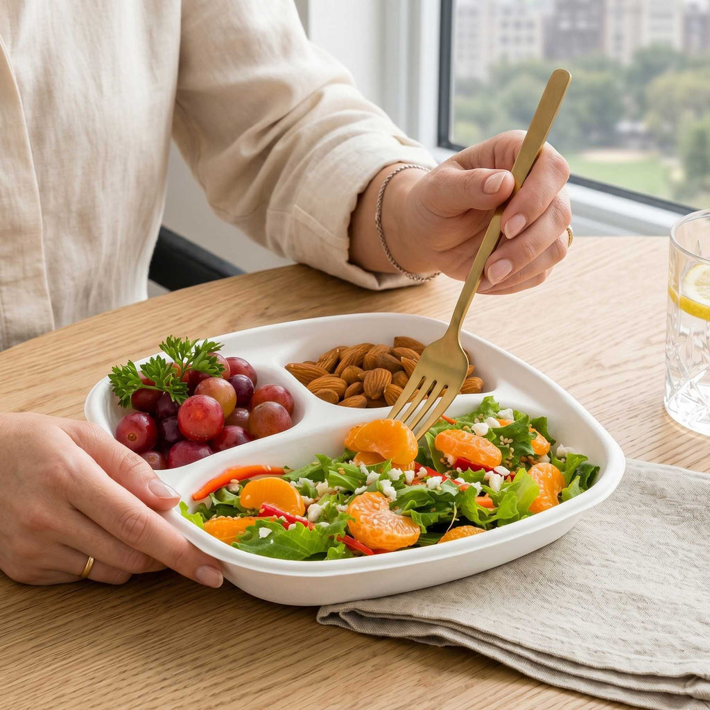 Pulp Tek 15 oz Square White Sugarcane / Bagasse Salad Plate - 3 Compartments - 8 3/4" x 8 3/4" x 1 1/4" - 100 count box