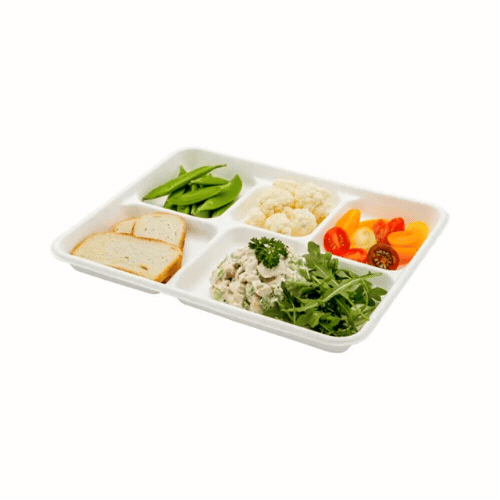 Pulp Tek Rectangle White Sugarcane / Bagasse Food Tray - 5 Compartments - 10 1/2" x 8 1/2" x 1" - 100 count box