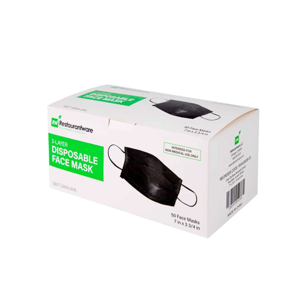 Clean Tek Professional Black Disposable Earloop Face Mask - 3-Layer Filtration - 7" x 3 3/4" - 1000 count box
