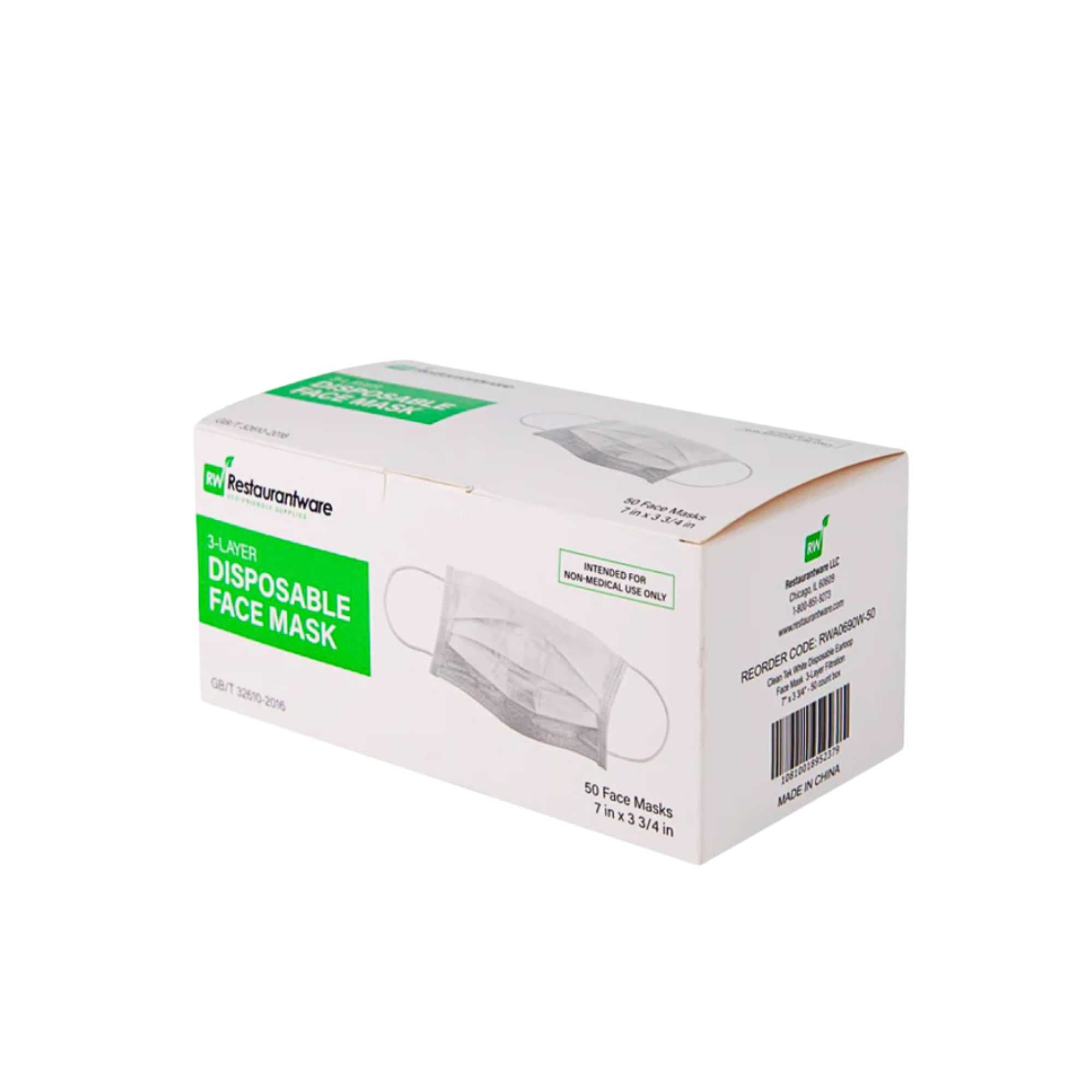 Clean Tek Professional White Disposable Earloop Face Mask - 3-Layer Filtration - 7" x 3 3/4" - 1000 count box
