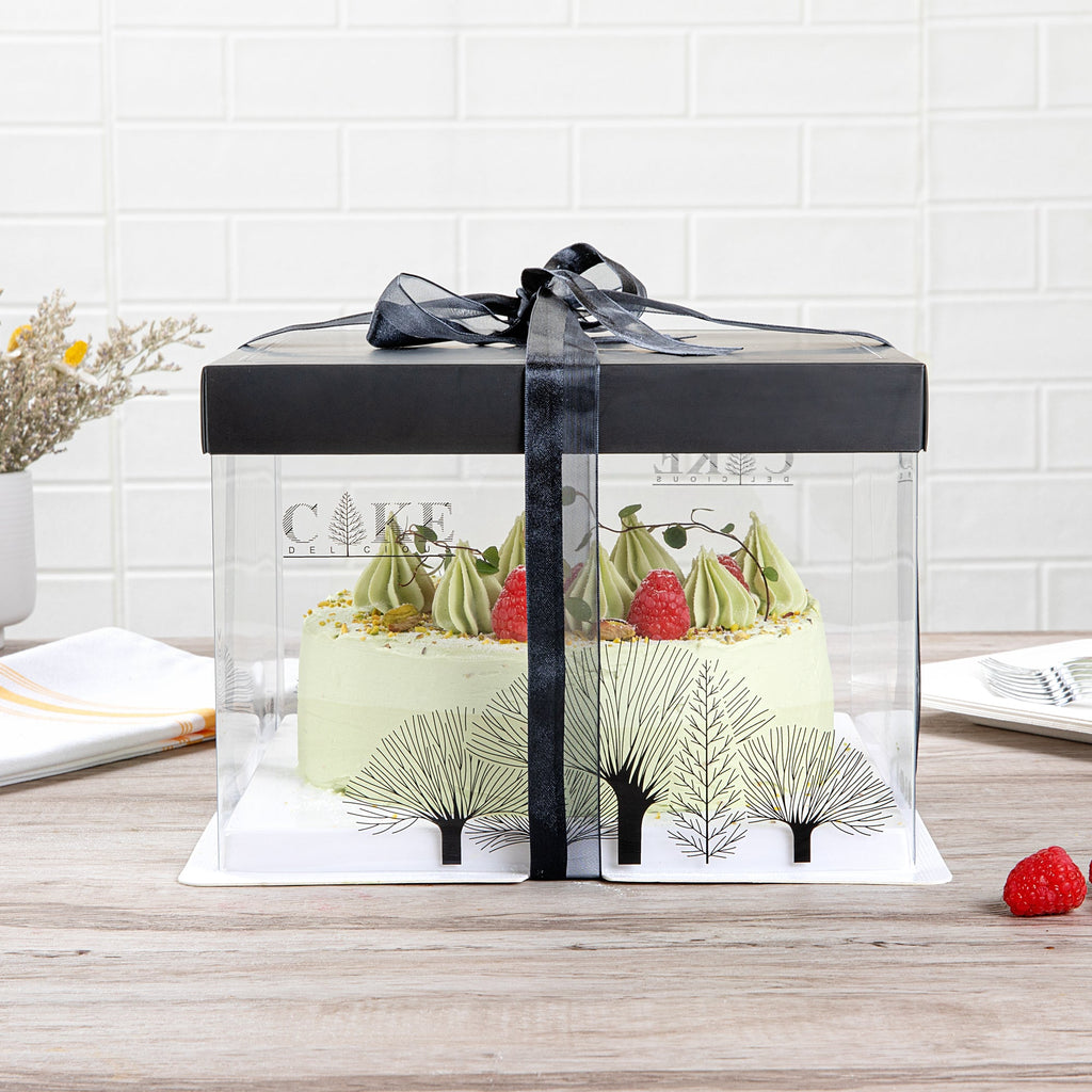 Sweet Vision Square Clear Plastic Cake Box - Black Lid and White Base, Black Ribbon, Tree Accent - 8 1/2" x 8 1/2" x 6 3/4" - 10 count box