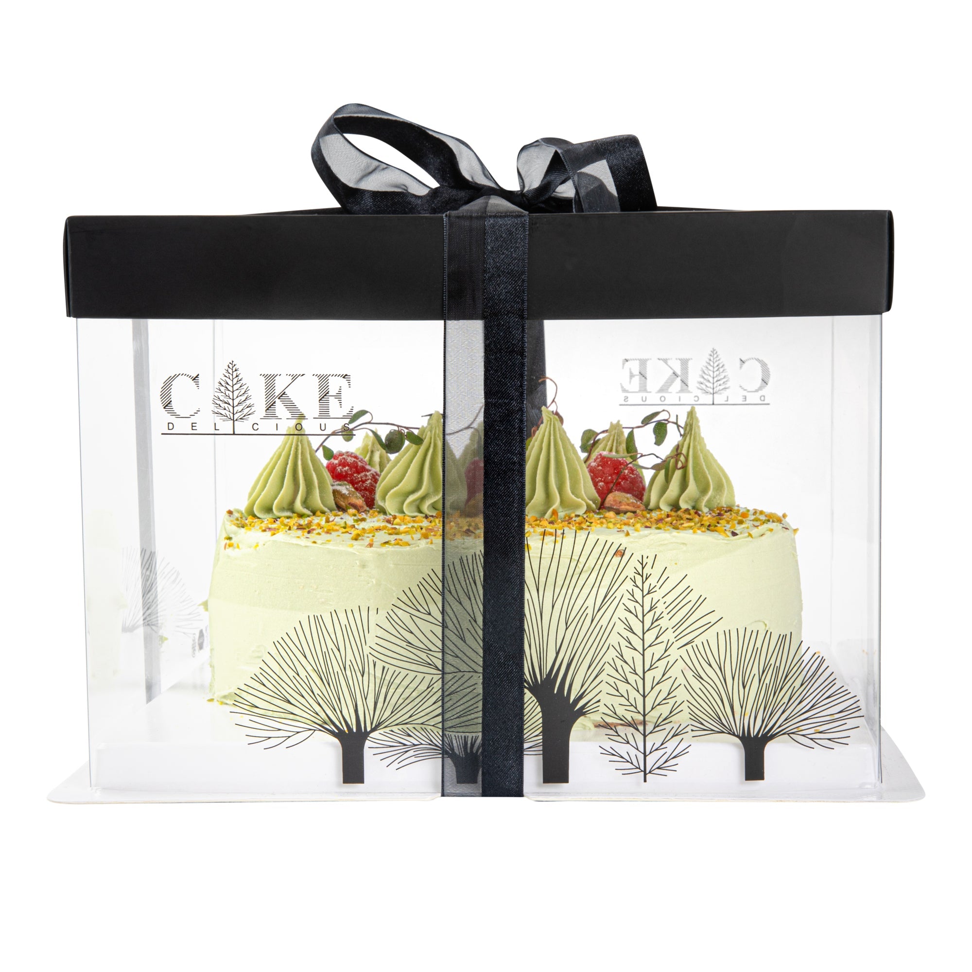 Sweet Vision Square Clear Plastic Cake Box - Black Lid and White Base, Black Ribbon, Tree Accent - 8 1/2" x 8 1/2" x 6 3/4" - 10 count box