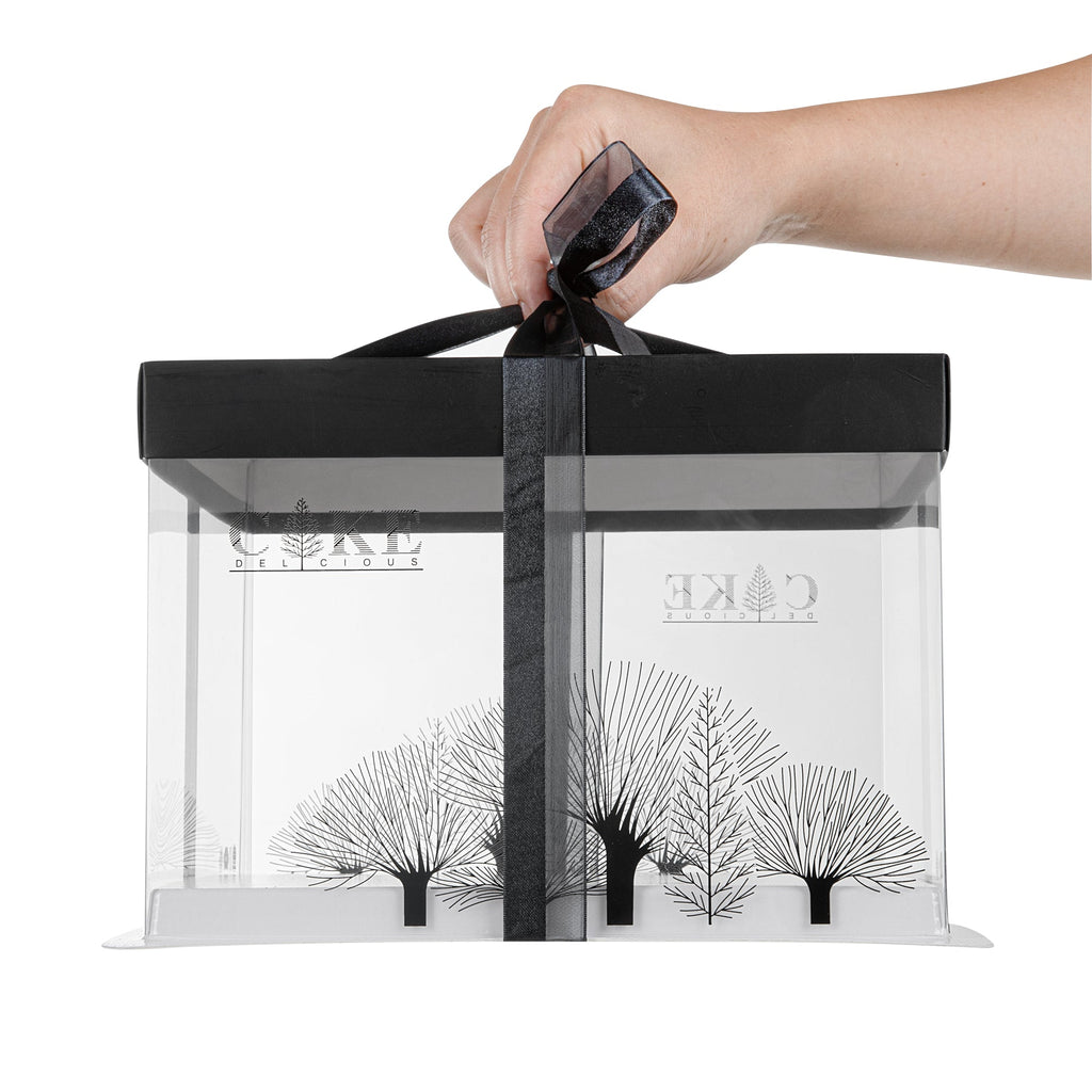 Sweet Vision Square Clear Plastic Cake Box - Black Lid and White Base, Black Ribbon, Tree Accent - 8 1/2" x 8 1/2" x 6 3/4" - 10 count box