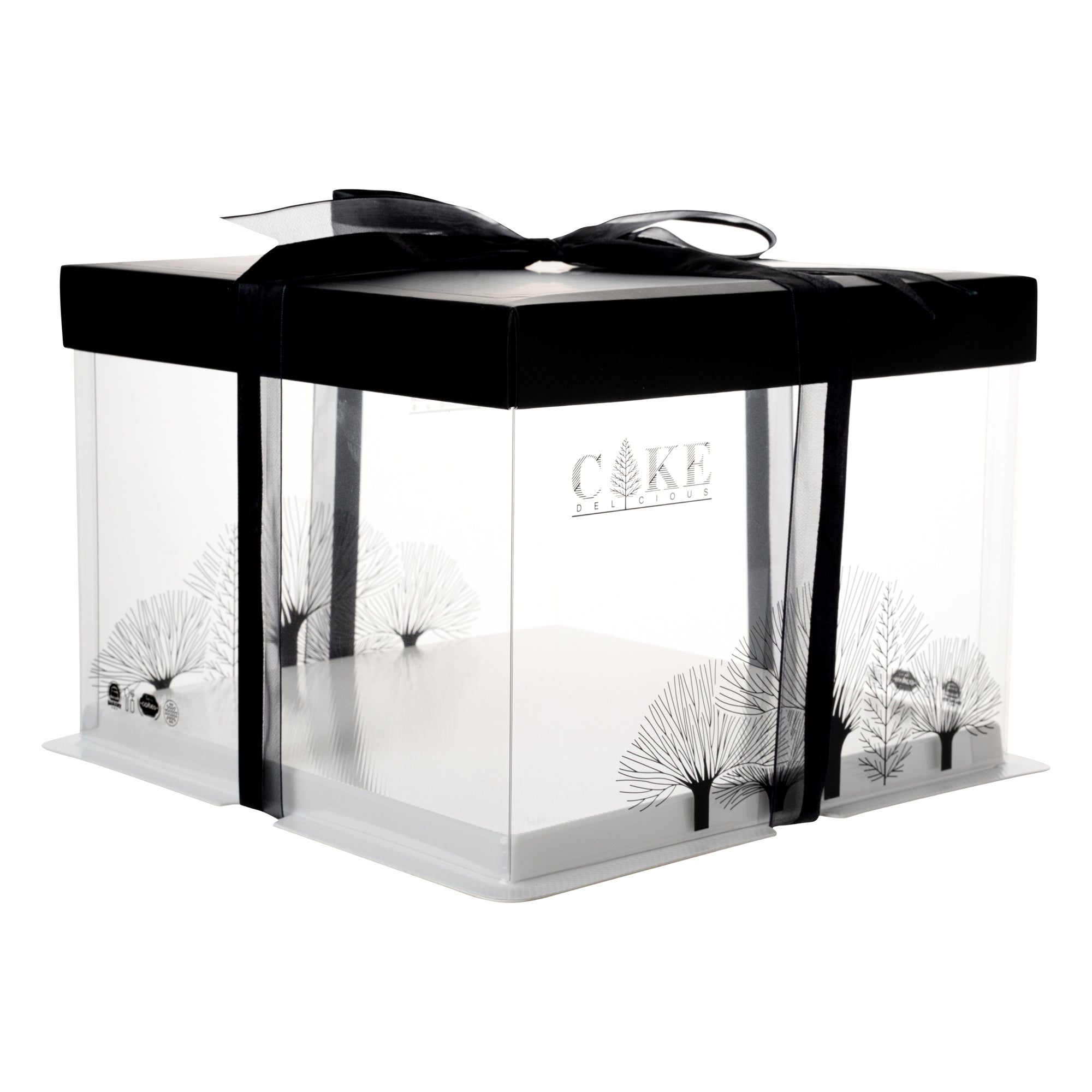 Sweet Vision Square Clear Plastic Cake Box - Black Lid and White Base, Black Ribbon, Tree Accent - 8 1/2" x 8 1/2" x 6 3/4" - 10 count box