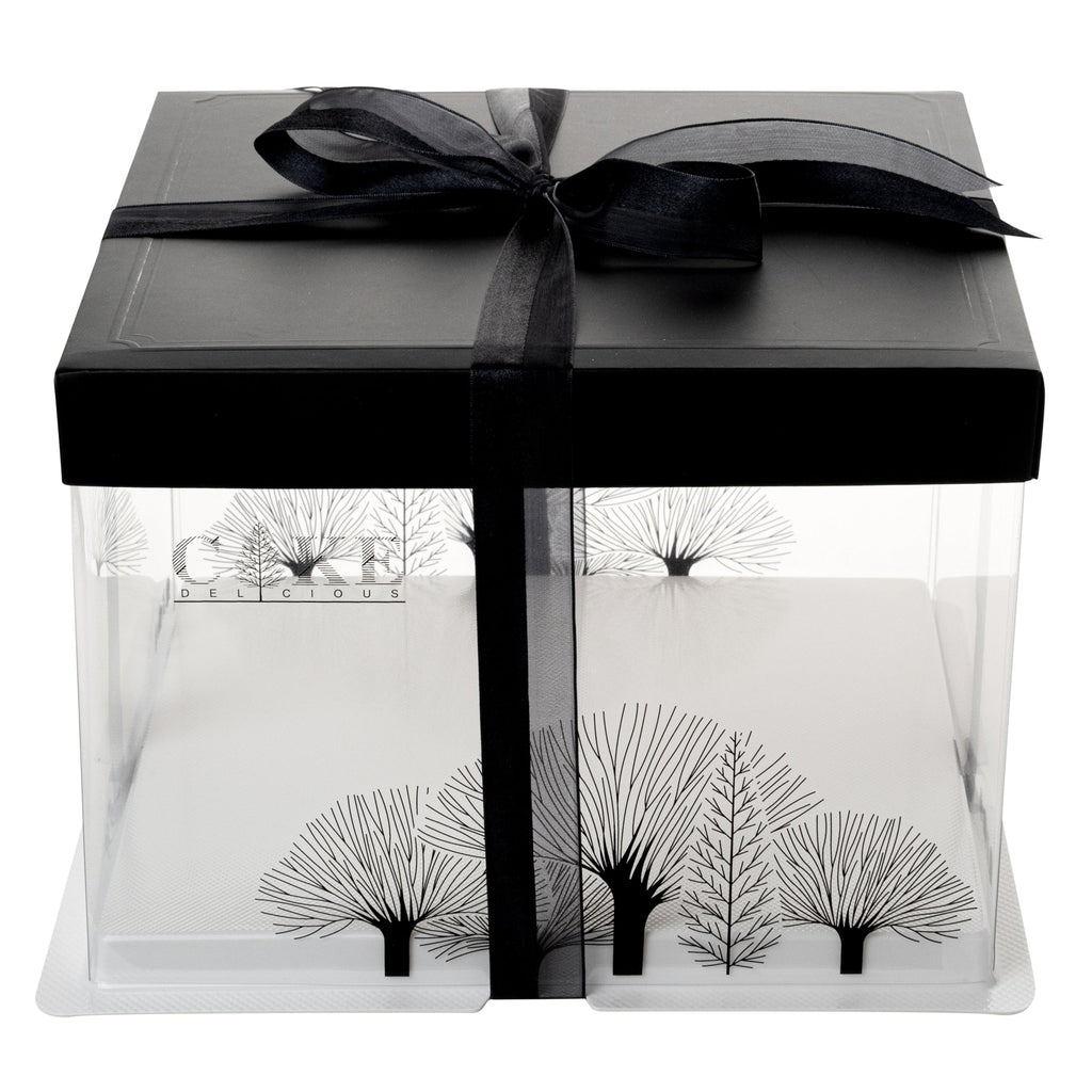 Sweet Vision Square Clear Plastic Cake Box - Black Lid and White Base, Black Ribbon, Tree Accent - 8 1/2" x 8 1/2" x 6 3/4" - 10 count box
