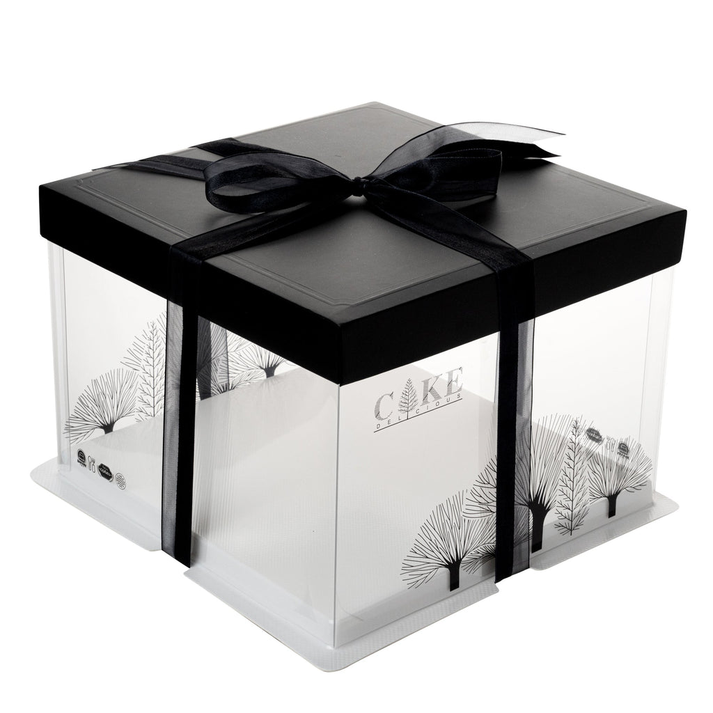 Sweet Vision Square Clear Plastic Cake Box - Black Lid and White Base, Black Ribbon, Tree Accent - 8 1/2" x 8 1/2" x 6 3/4" - 10 count box