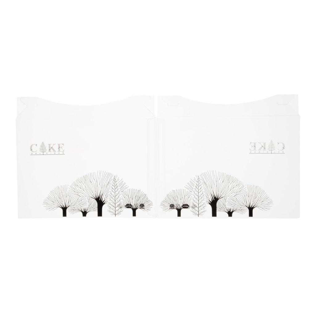 Sweet Vision Square Clear Plastic Cake Box - Black Lid and White Base, Black Ribbon, Tree Accent - 8 1/2" x 8 1/2" x 6 3/4" - 10 count box