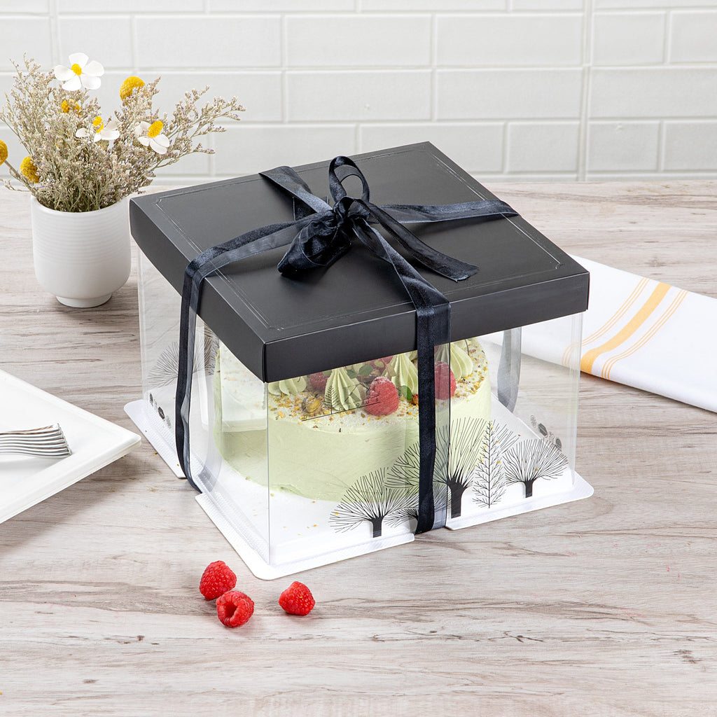 Sweet Vision Square Clear Plastic Cake Box - Black Lid and White Base, Black Ribbon, Tree Accent - 8 1/2" x 8 1/2" x 6 3/4" - 10 count box