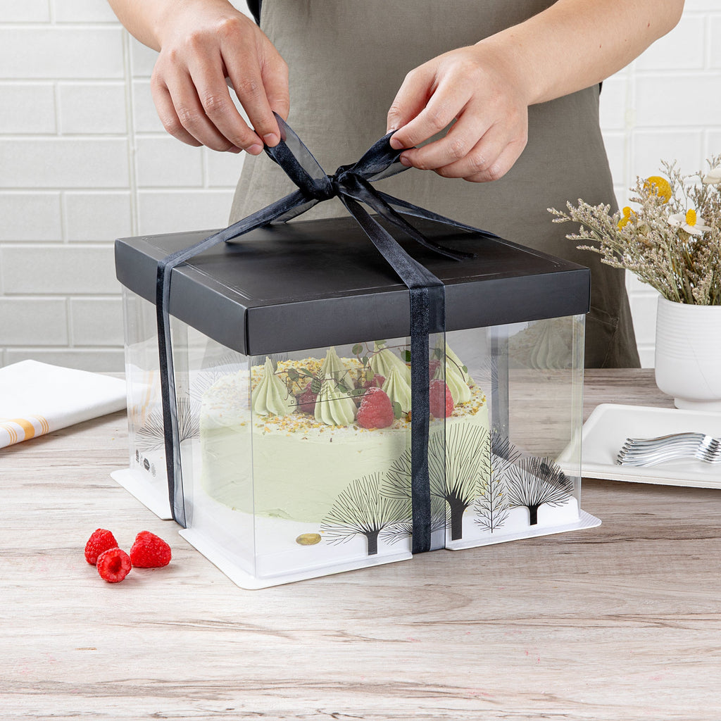 Sweet Vision Square Clear Plastic Cake Box - Black Lid and White Base, Black Ribbon, Tree Accent - 8 1/2" x 8 1/2" x 6 3/4" - 10 count box
