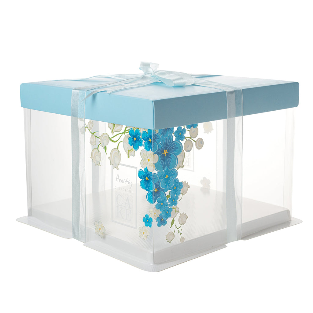 Sweet Vision Square Clear Plastic Cake Box - Blue Lid and White Base, Blue Ribbon, Flower Accent - 8 1/2" x 8 1/2" x 6 3/4" - 10 count box