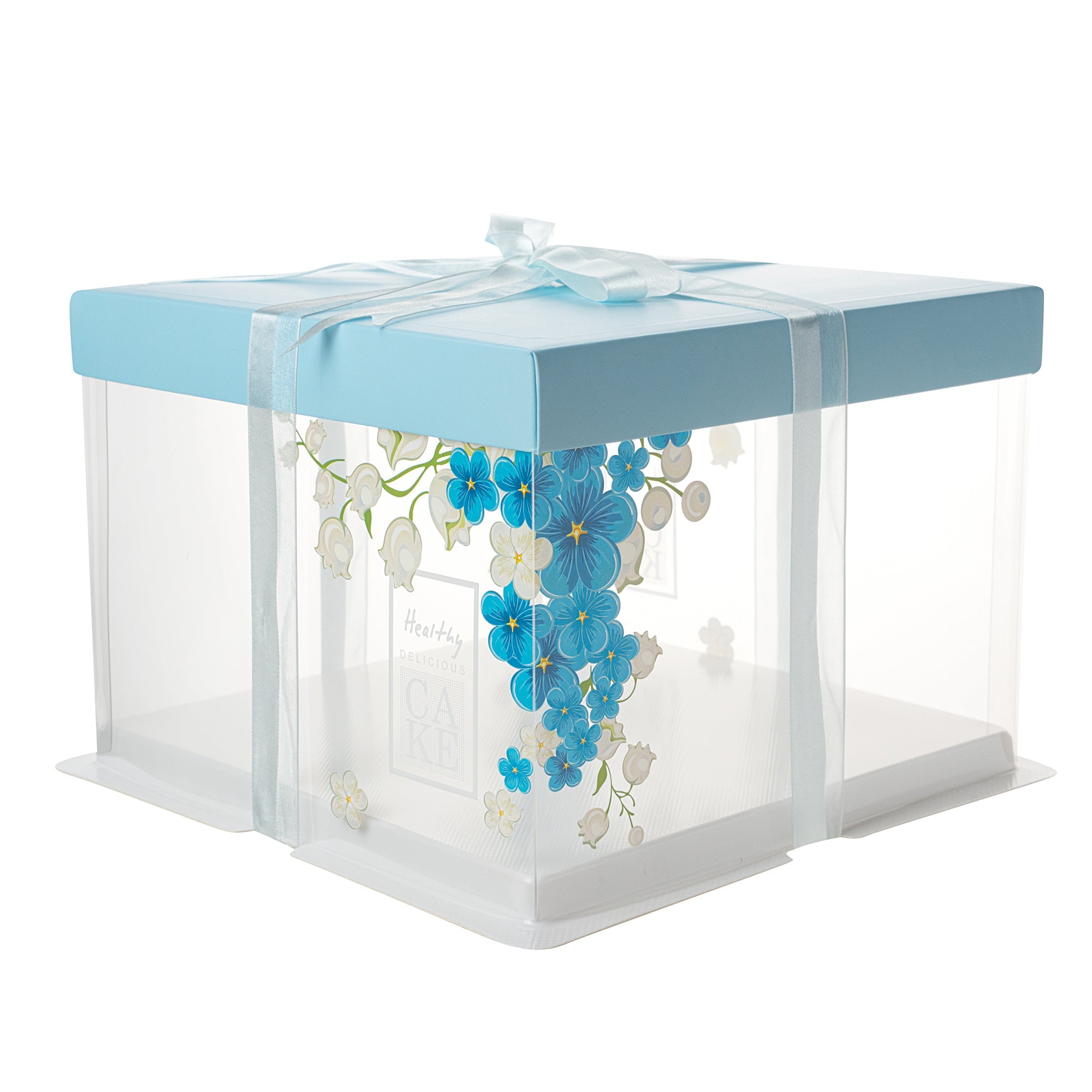 Sweet Vision Square Clear Plastic Cake Box - Blue Lid and White Base, Blue Ribbon, Flower Accent - 8 1/2" x 8 1/2" x 6 3/4" - 10 count box