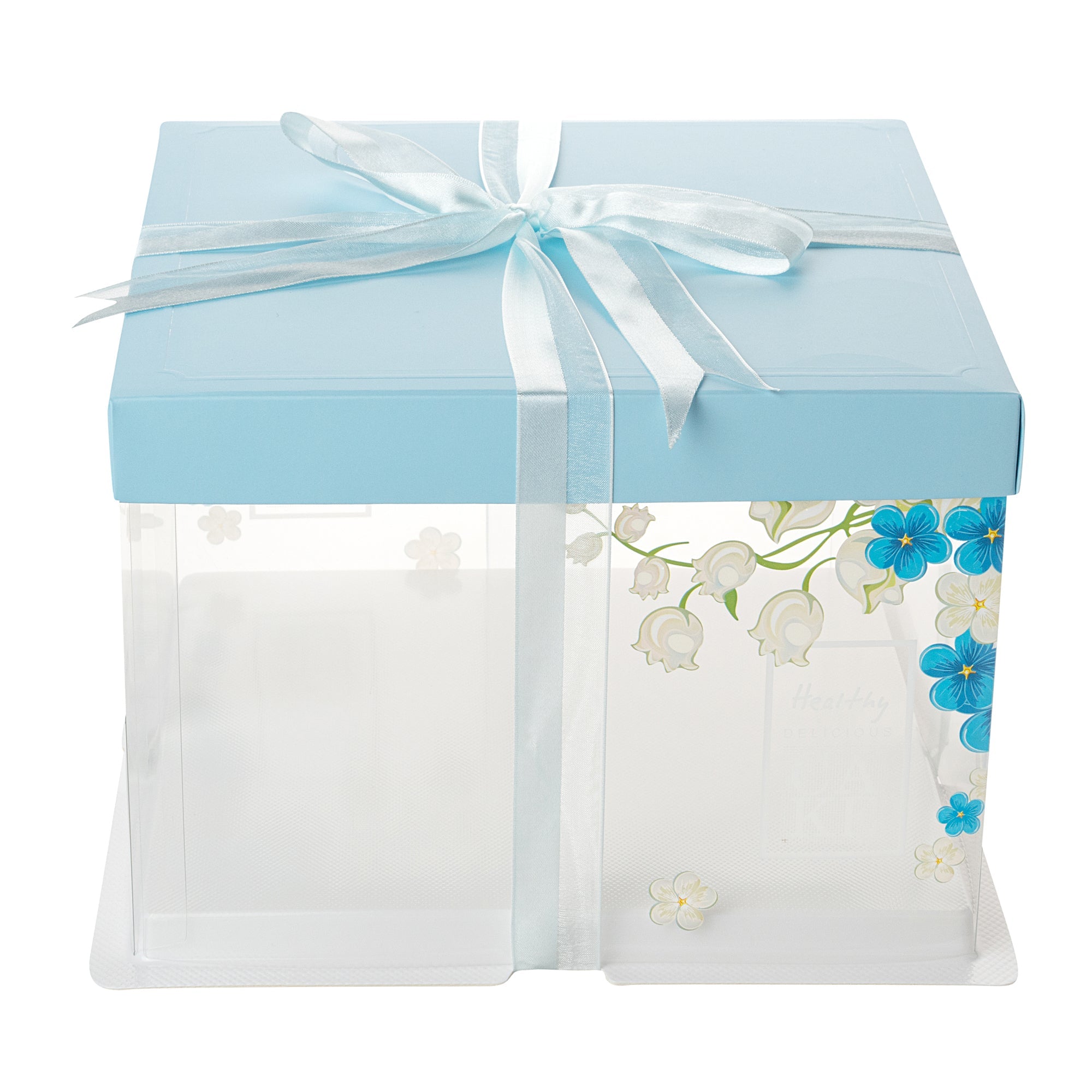 Sweet Vision Square Clear Plastic Cake Box - Blue Lid and White Base, Blue Ribbon, Flower Accent - 8 1/2" x 8 1/2" x 6 3/4" - 10 count box