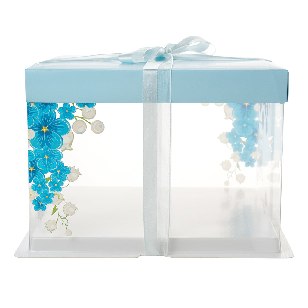 Sweet Vision Square Clear Plastic Cake Box - Blue Lid and White Base, Blue Ribbon, Flower Accent - 8 1/2" x 8 1/2" x 6 3/4" - 10 count box