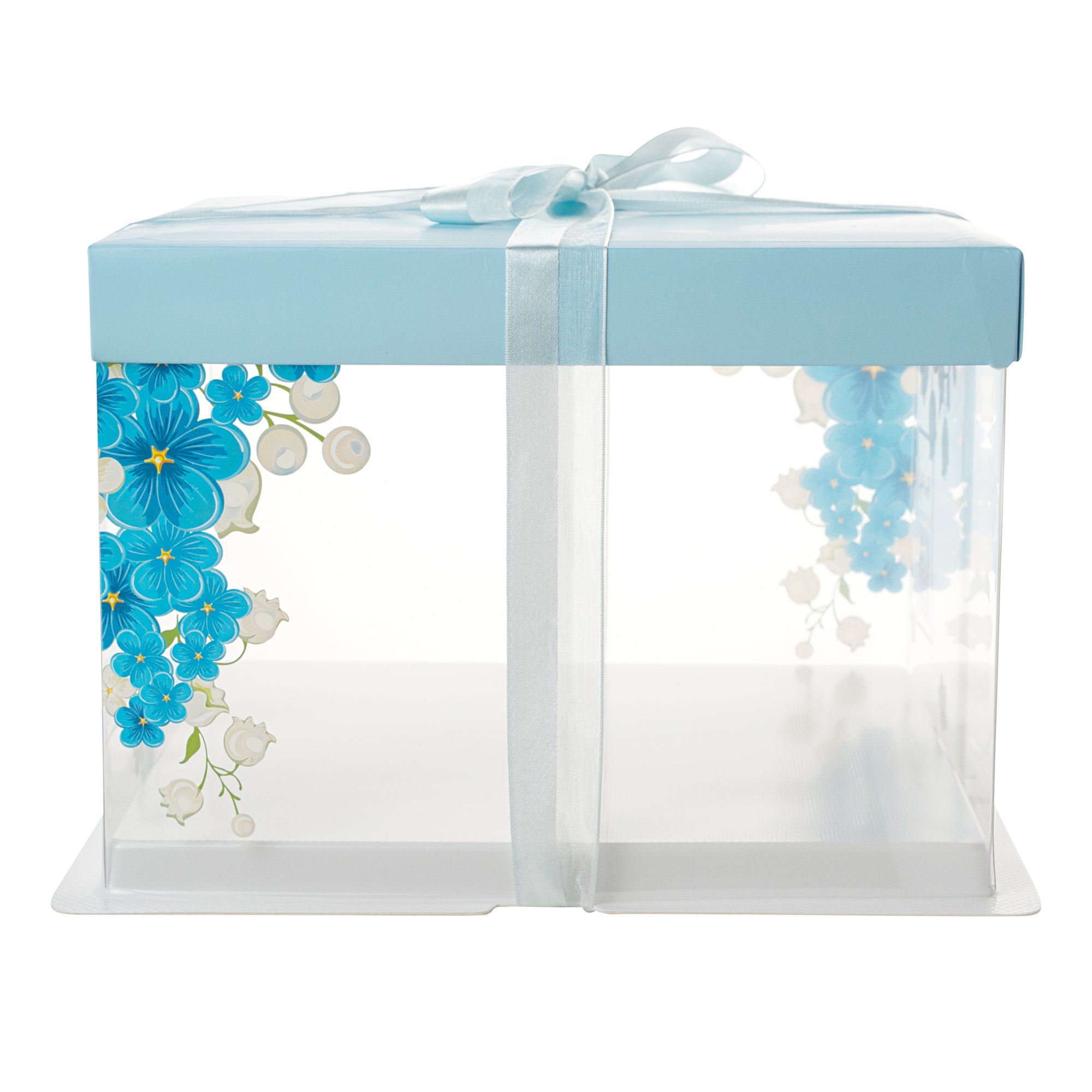 Sweet Vision Square Clear Plastic Cake Box - Blue Lid and White Base, Blue Ribbon, Flower Accent - 8 1/2" x 8 1/2" x 6 3/4" - 10 count box