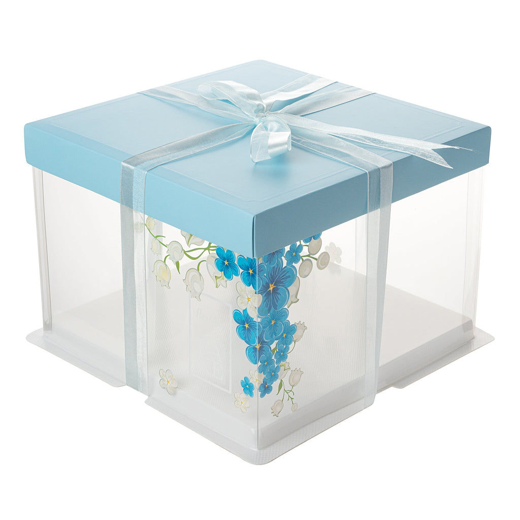 Sweet Vision Square Clear Plastic Cake Box - Blue Lid and White Base, Blue Ribbon, Flower Accent - 8 1/2" x 8 1/2" x 6 3/4" - 10 count box